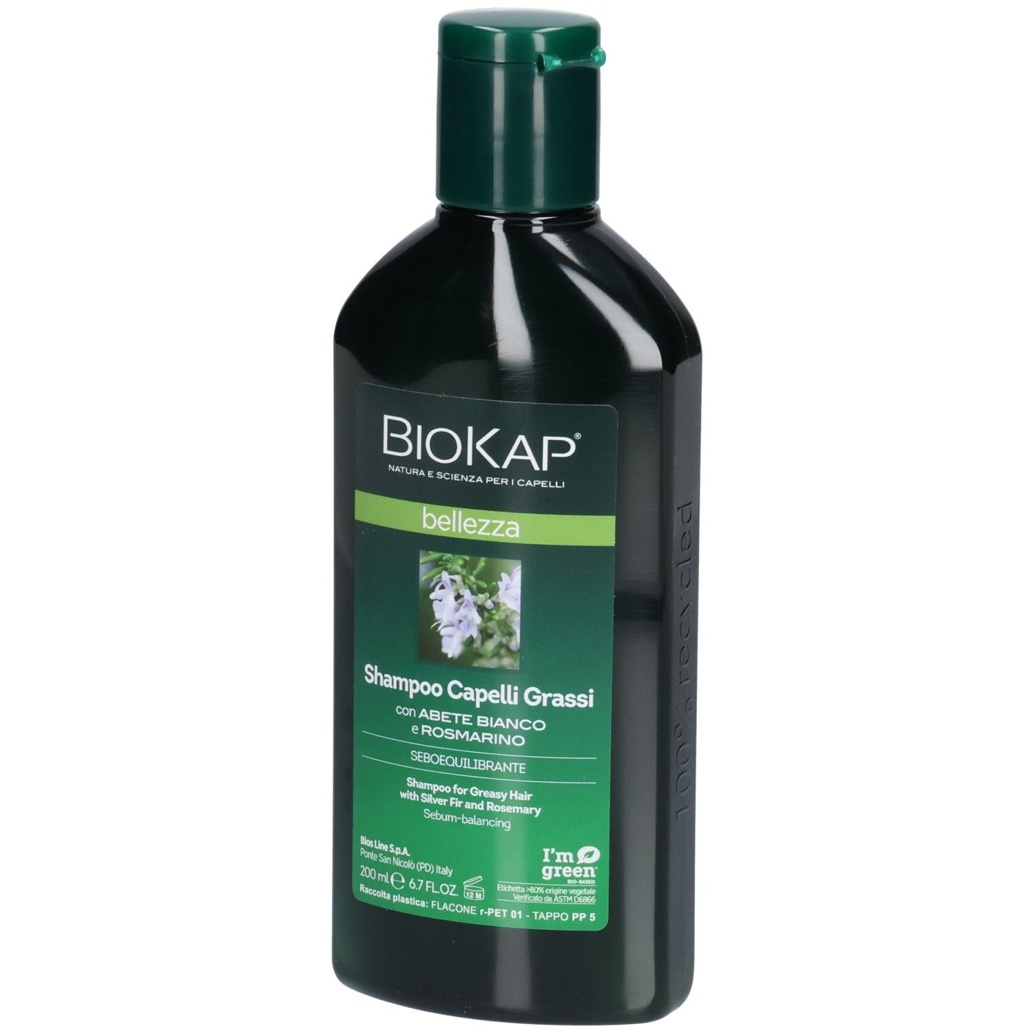 Grüne Shampoo-Flasche. Aufschrift BIOKAP, bellezza, Shampoo Capelli Grassi. Mit weißer Tanne und Rosmarin. 200 ml.