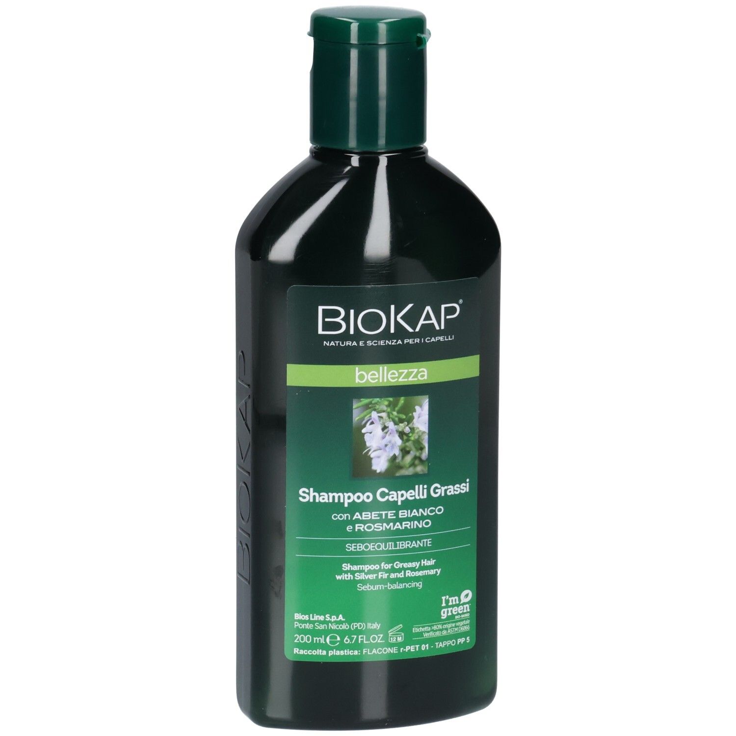 Grüne Shampoo-Flasche. Aufschrift BIOKAP, bellezza, Shampoo Capelli Grassi. Mit weißer Tanne und Rosmarin. 200 ml.