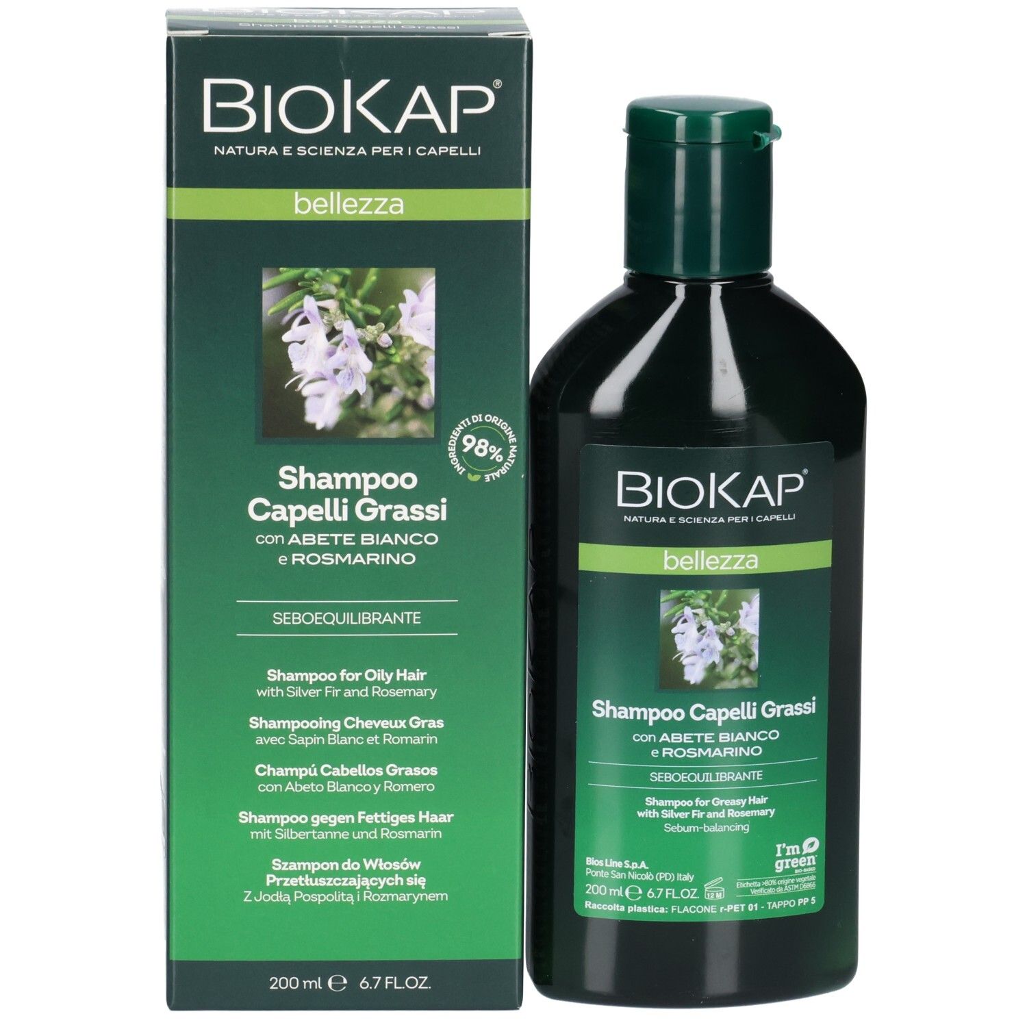 BIOKAP Shampoo-Packung und Flasche. Packung mit Produktinformationen. Flasche: Shampoo Capelli Grassi, 200 ml.