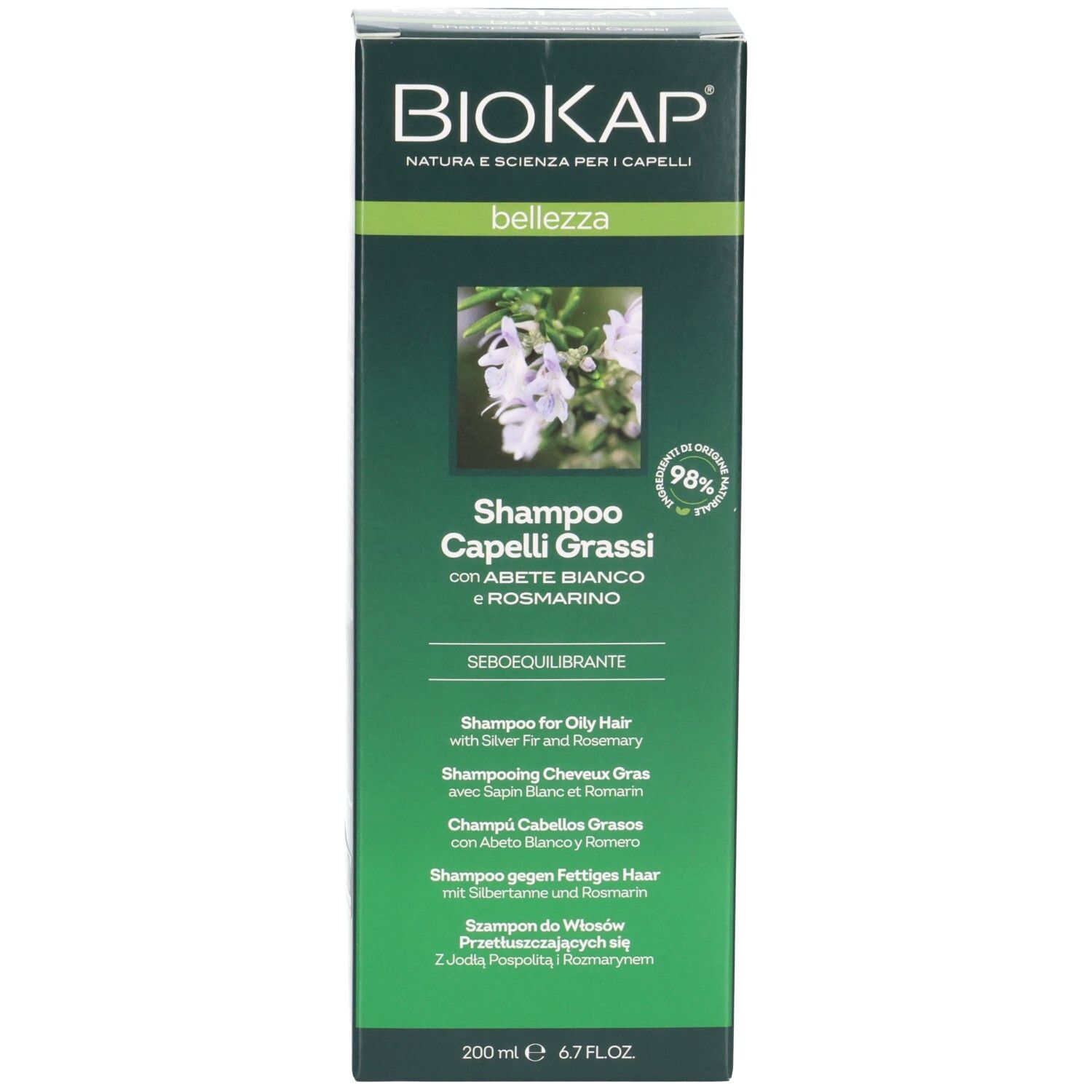 BIOKAP Shampoo-Packung. Produktinformationen auf der Packung. Shampoo Capelli Grassi, 200 ml.