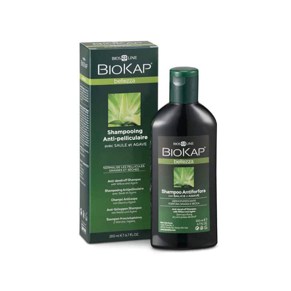Biokap Anti-Schuppen-Shampoo Flasche und Karton, 200ml.