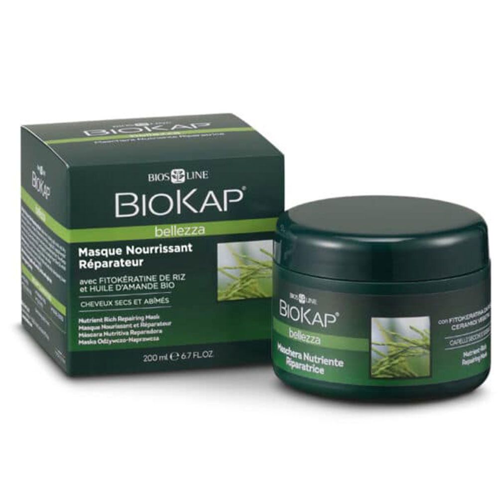 Grüne Dose und Schachtel mit BIOKAP-Logo und Text. Enthält Haarmaske. Aufschrift: Masque Nourrissant Réparateur.