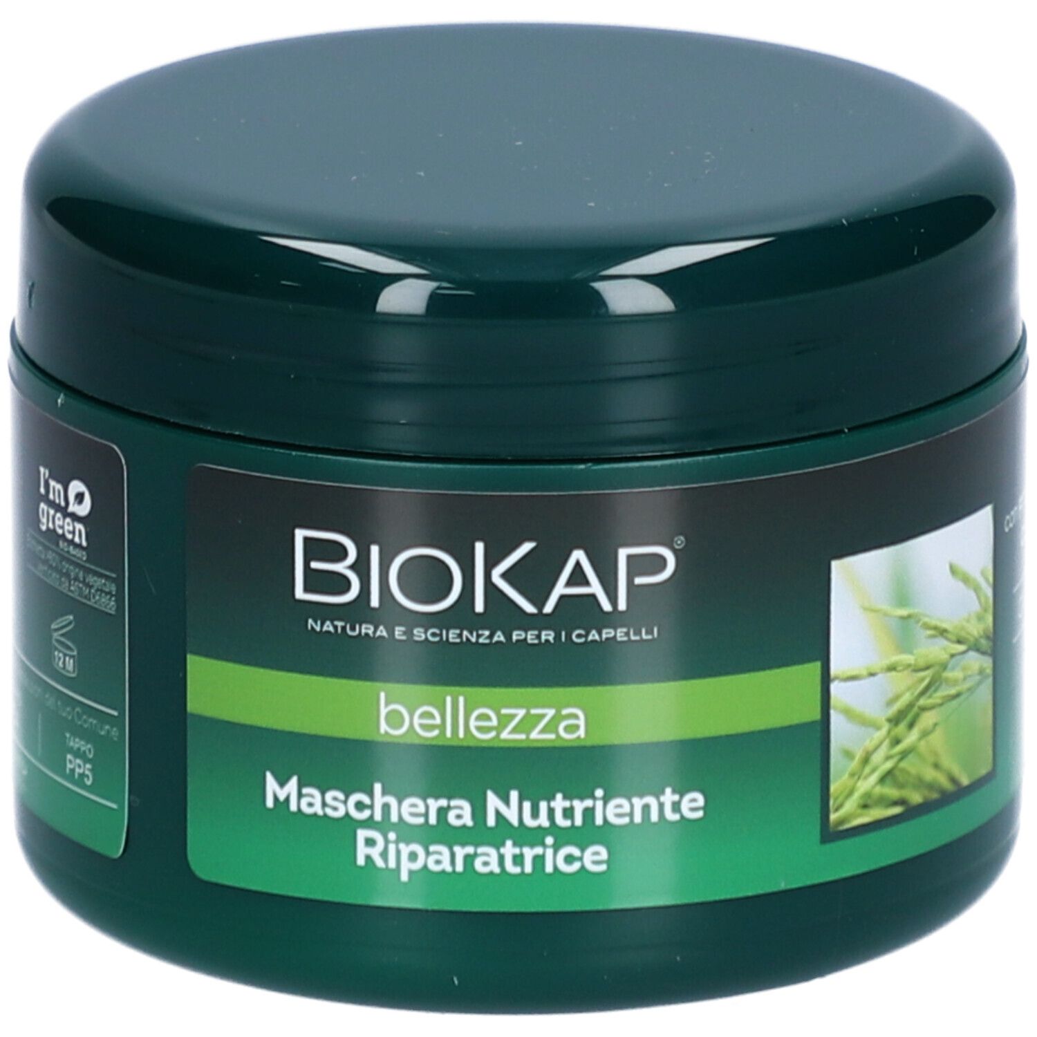 Grüner Tiegel mit BIOKAP-Logo und Text. Aufschrift: Maschera Nutriente Riparatrice. Enthält Haarmaske. Grün mit gelbem Akzent.