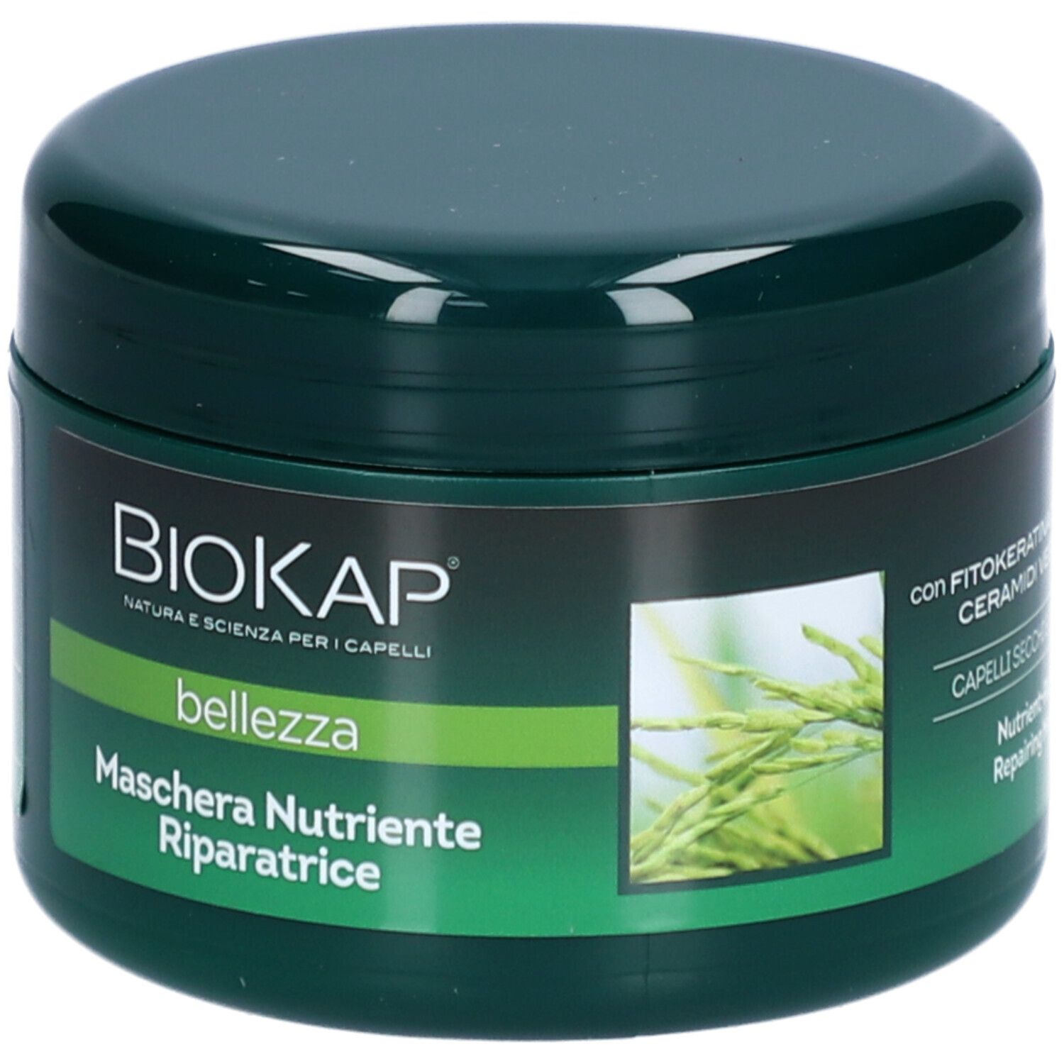 Grüner Tiegel mit BIOKAP-Logo und Text. Aufschrift: Maschera Nutriente Riparatrice. Enthält Haarmaske. Grün mit gelbem Akzent.