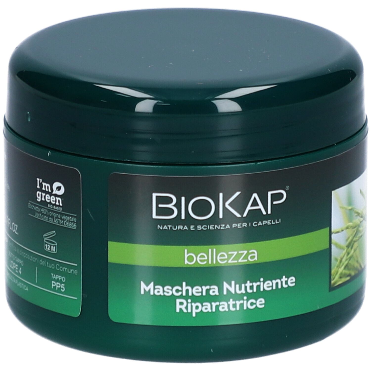 Grüner Tiegel mit BIOKAP-Logo und Text. Aufschrift: Maschera Nutriente Riparatrice. Enthält Haarmaske. Grün mit gelbem Akzent.