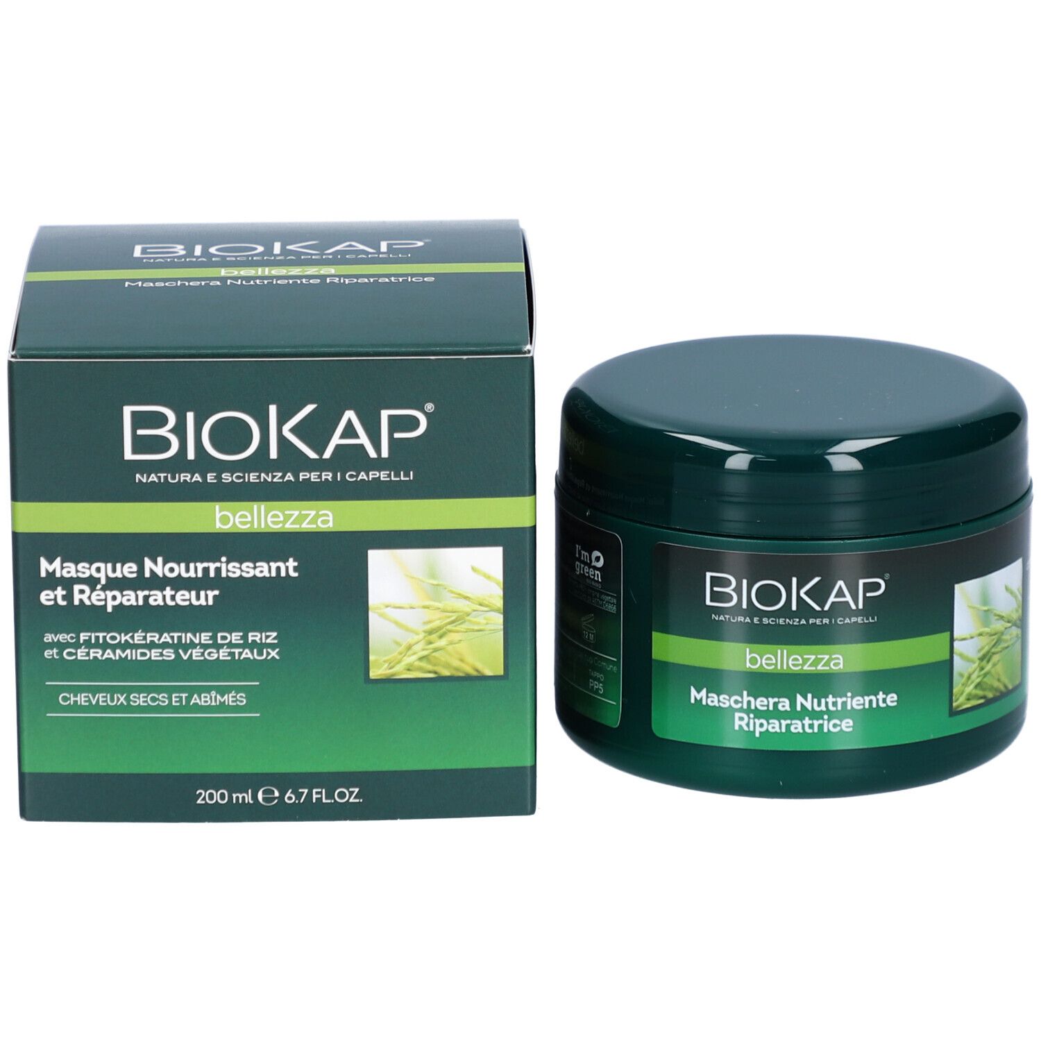 Grüne Dose und Tiegel mit BIOKAP-Logo und Text. Enthält Haarmaske. Aufschrift: Masque Nourrissant et Réparateur.