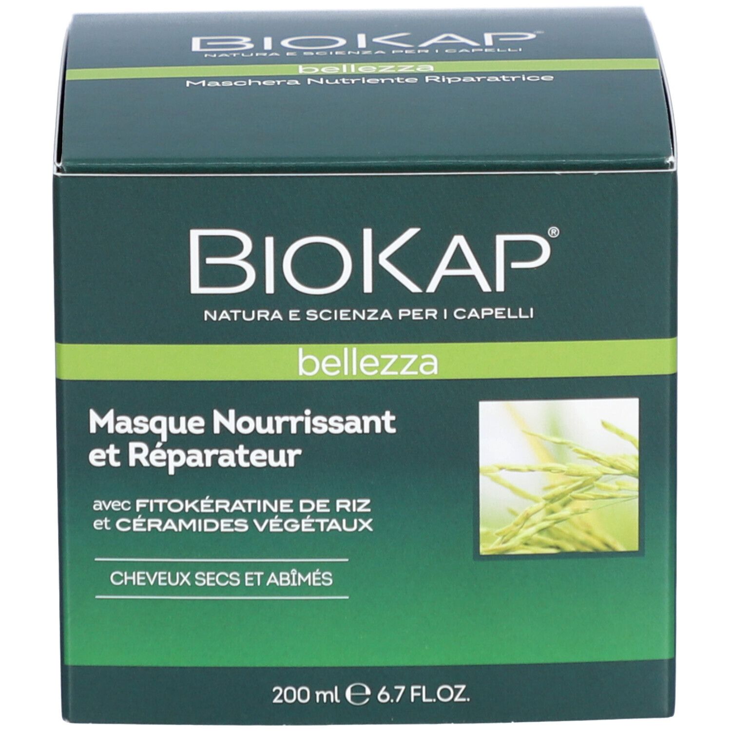 Grüne Schachtel mit BIOKAP-Logo und Text. Enthält Haarmaske. Aufschrift: Masque Nourrissant et Réparateur.