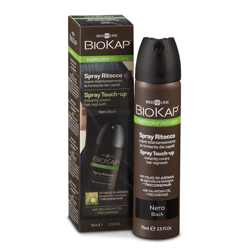 BIOKAP Nutricolor Delicato Spray Retouche Noir. Spray et emballage. Texte et logo visibles.
