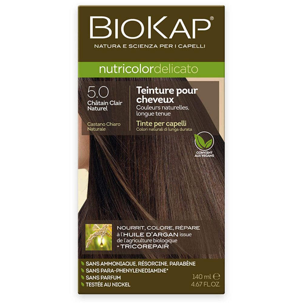 BIOKAP Nutricolor Delicato 5.0 Châtain Clair Naturel. Teinture pour cheveux. Boîte avec informations.