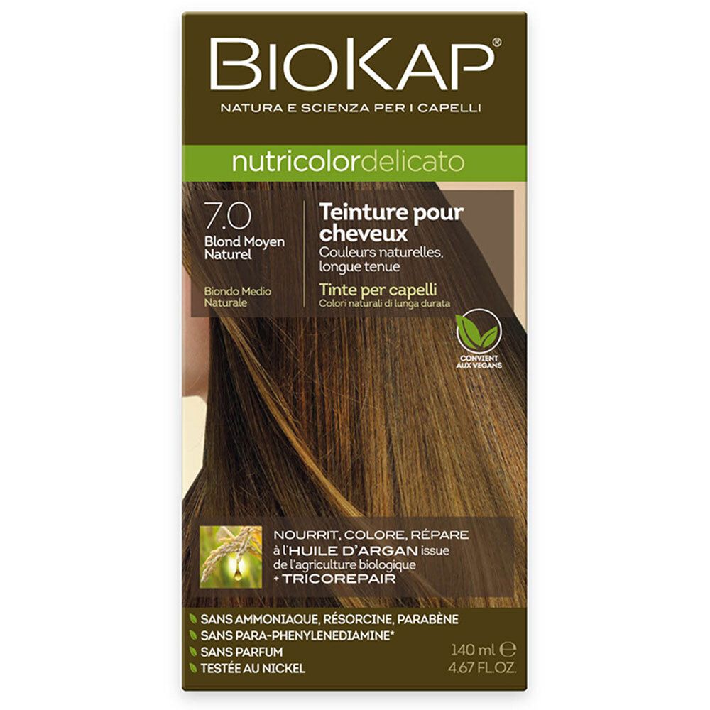 BIOKAP Nutricolor Delicato Haarfärbemittel. 7.0 Blond Moyen Naturel. Verpackung mit Produktabbildung und Haarsträhne.