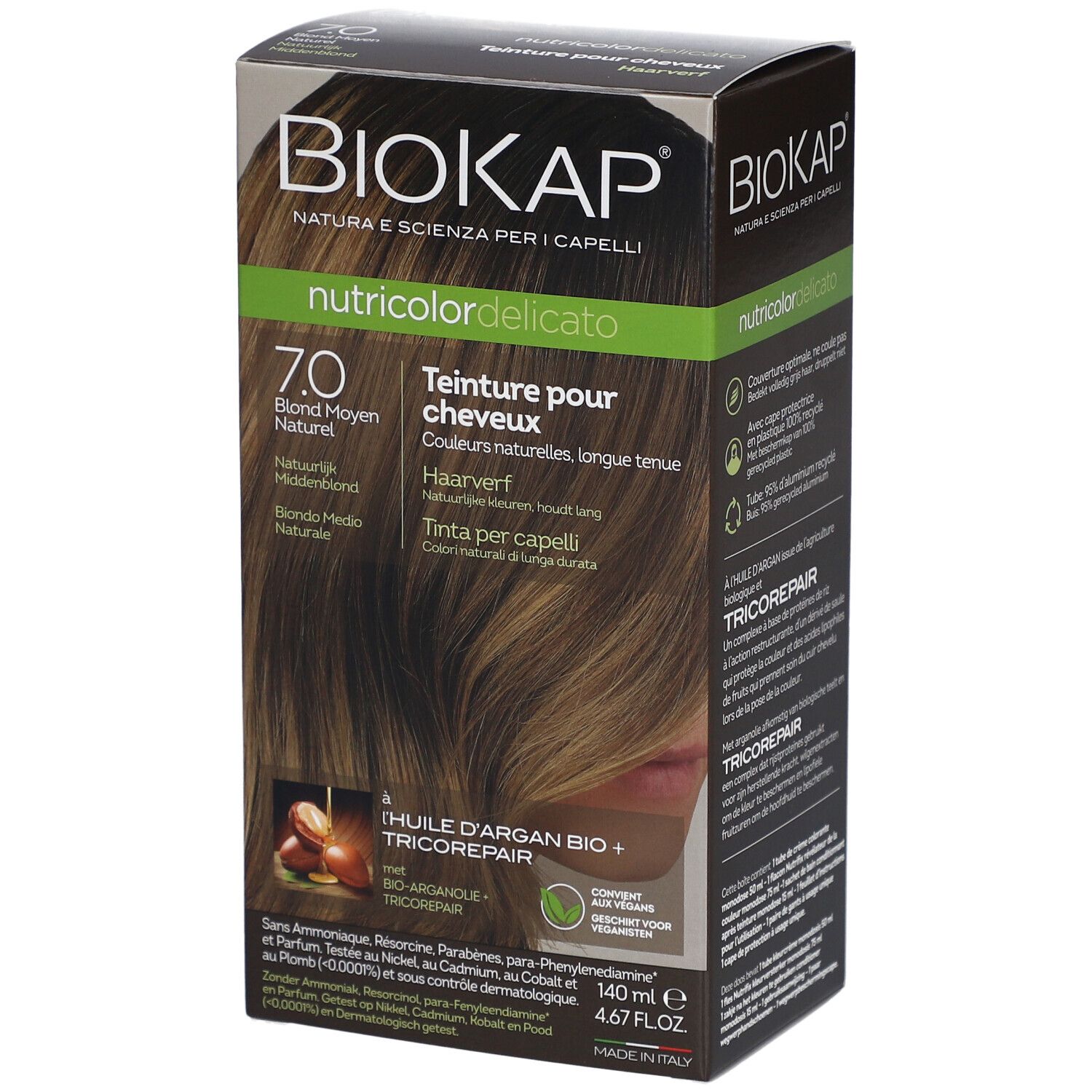 BIOKAP Nutricolor Delicato Haarfärbemittel. 7.0 Blond Moyen Naturel. Verpackung mit Produktabbildung und Text.