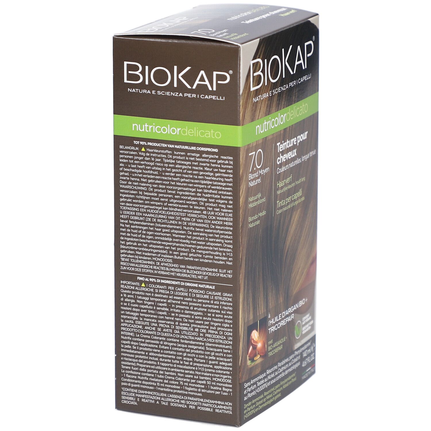 BIOKAP Nutricolor Delicato Haarfärbemittel. Verpackung mit Text und Produktinformationen.
