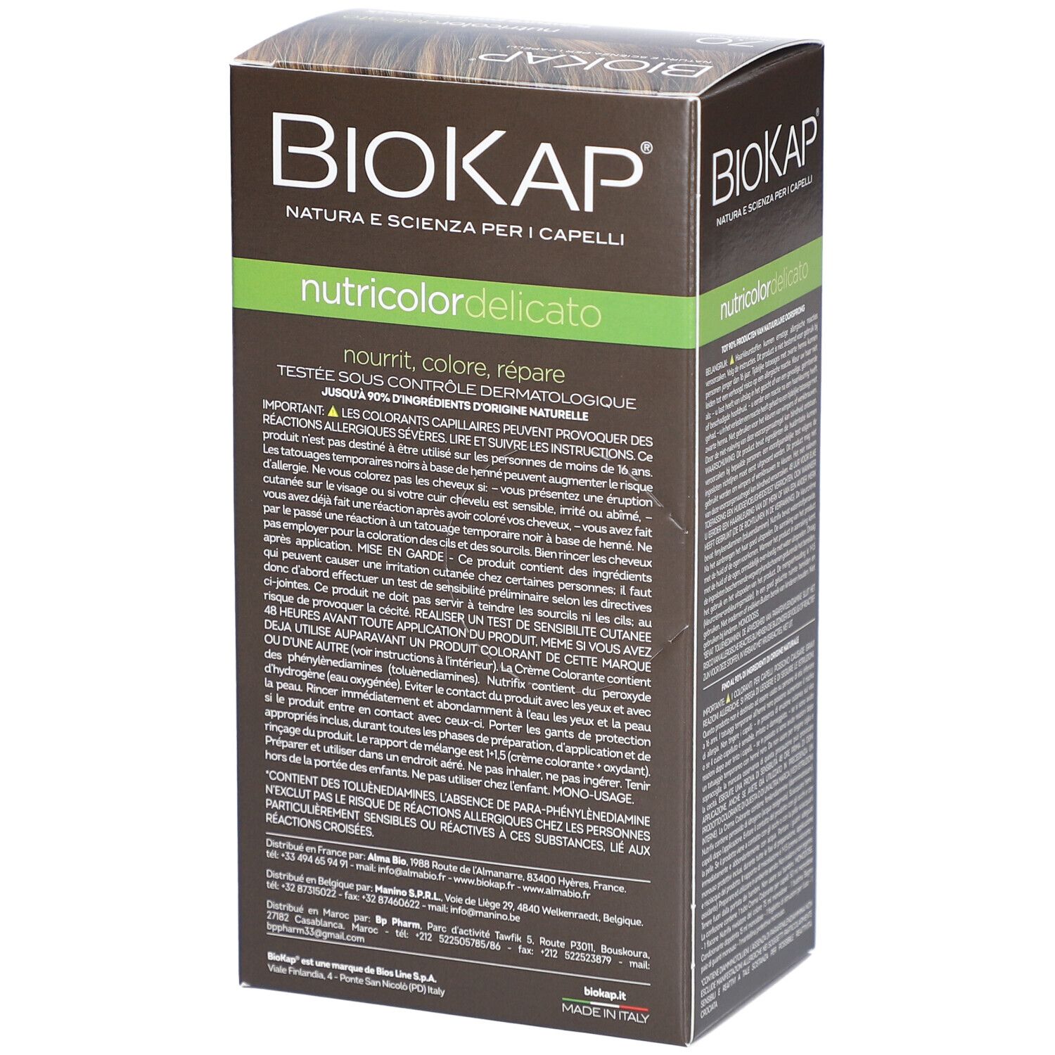 BIOKAP Nutricolor Delicato Haarfärbemittel. Verpackung mit Text und Produktinformationen.