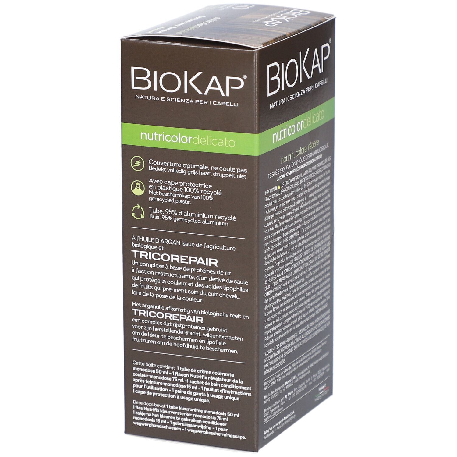 BIOKAP Nutricolor Delicato Haarfärbemittel. Verpackung mit Text und Produktinformationen.