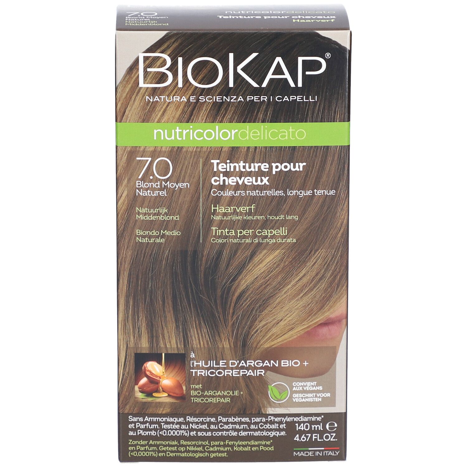 BIOKAP Nutricolor Delicato Haarfärbemittel. Verpackung mit Text und Produktinformationen.