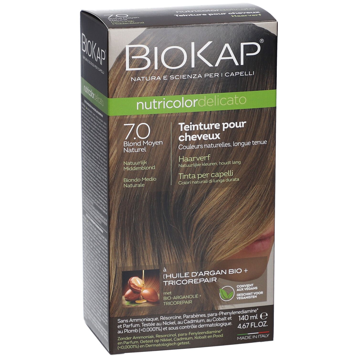 BIOKAP Nutricolor Delicato Haarfärbemittel. 7.0 Blond Moyen Naturel. Verpackung mit Produktabbildung und Text.