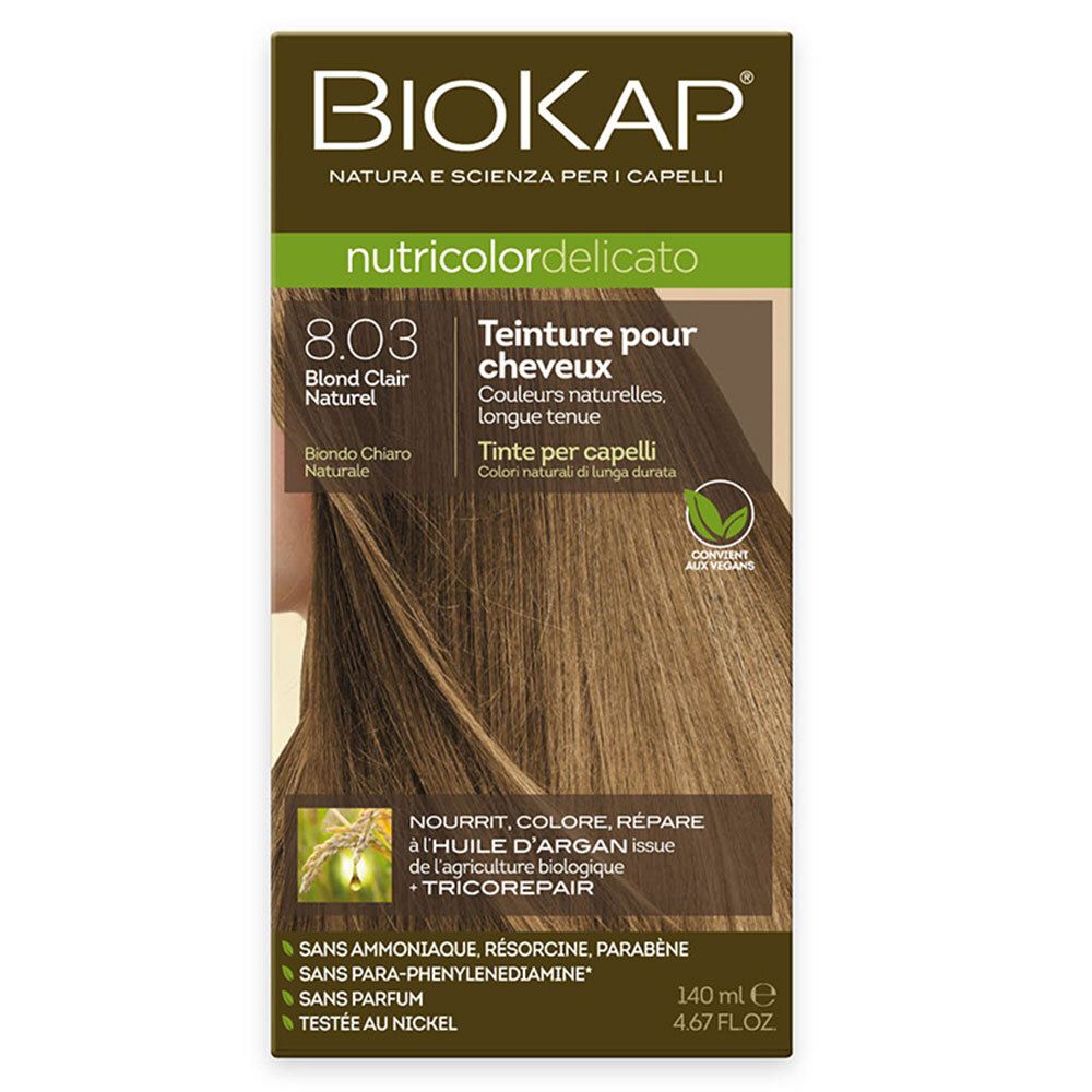 Haarfarbe BIOKAP Nutricolor Delicato 8.03 Blond Clair Naturel. Produktverpackung mit Produktabbildung und Text.