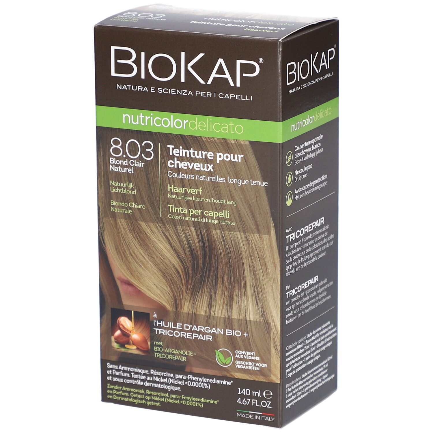 Produktverpackung BIOKAP Nutricolor Delicato 8.03 Blond Clair Naturel. Produktabbildung und Text.