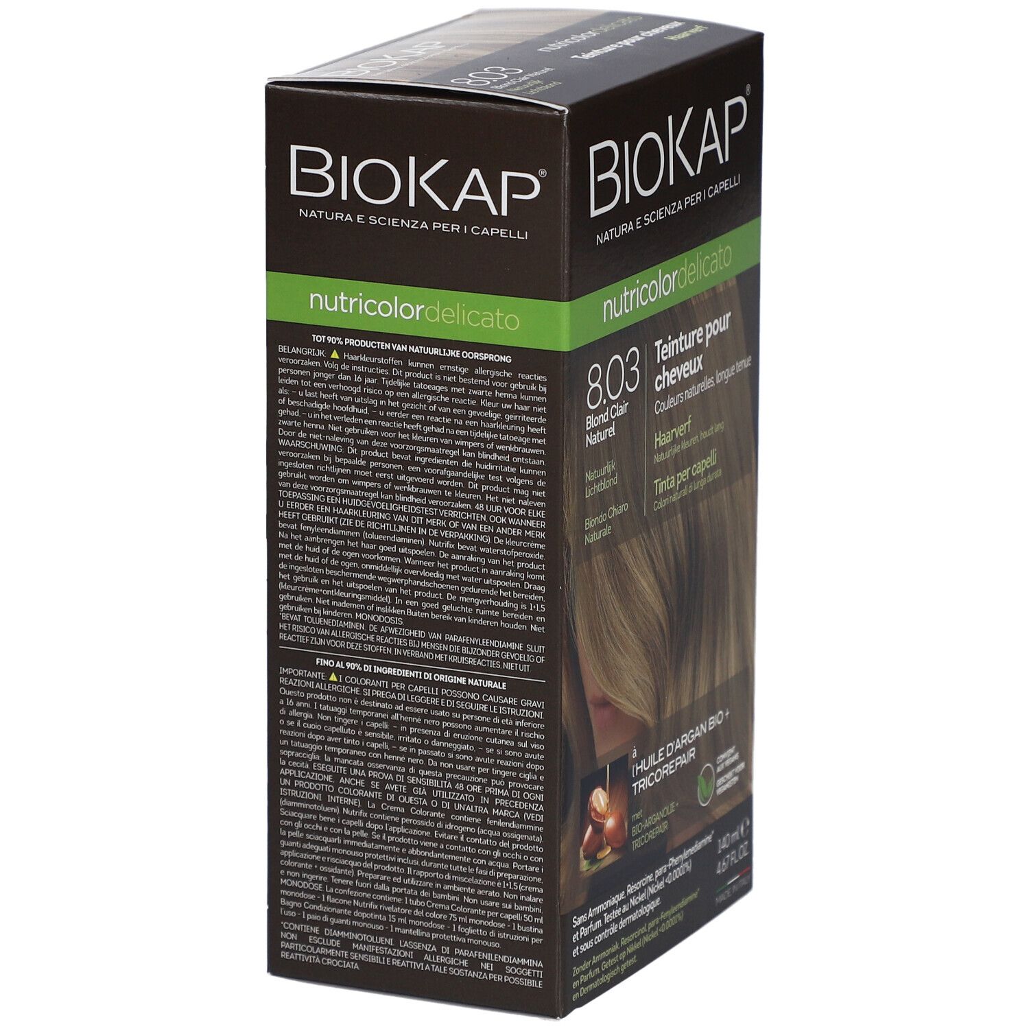Produktverpackung BIOKAP Nutricolor Delicato 8.03 Blond Clair Naturel. Rückseite mit Text.