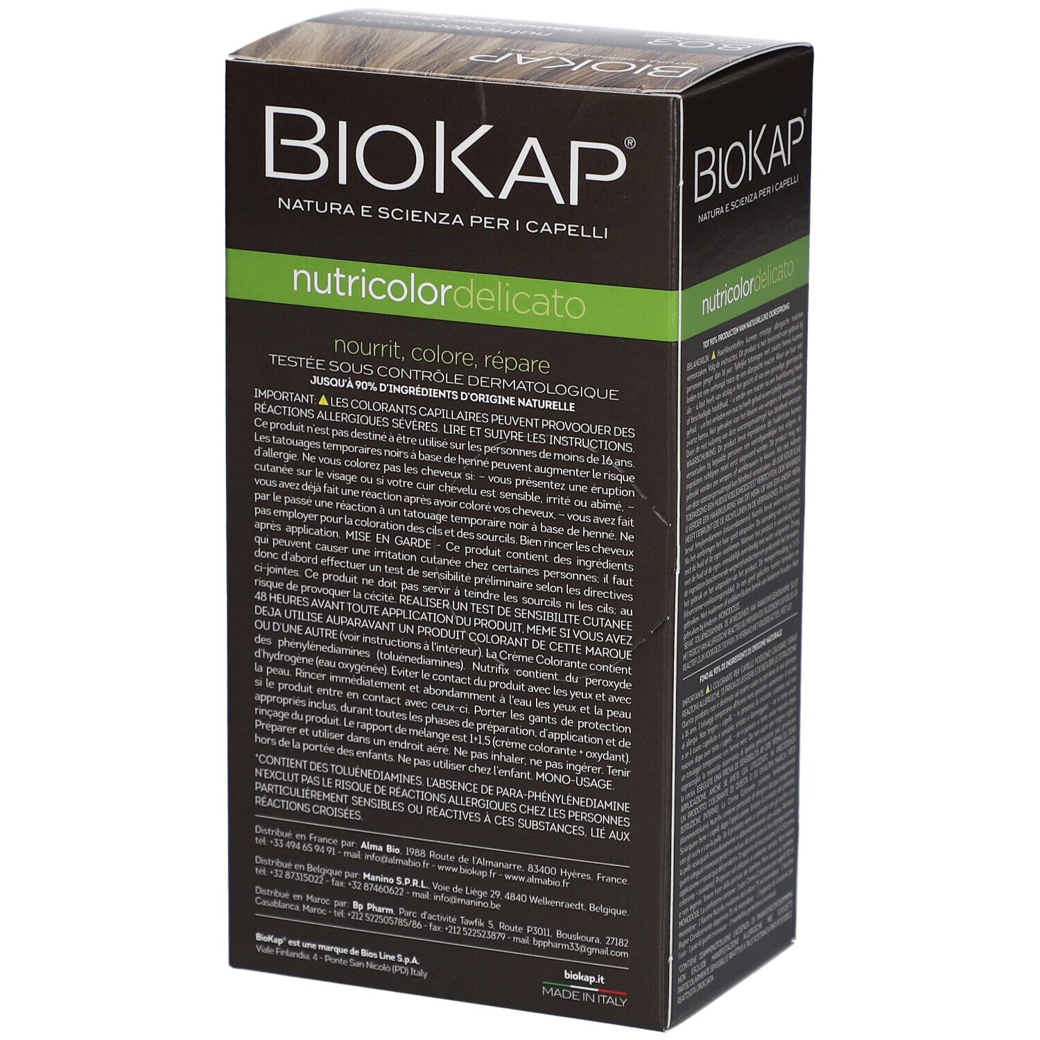 Produktverpackung BIOKAP Nutricolor Delicato 8.03 Blond Clair Naturel. Seitenansicht mit Text.