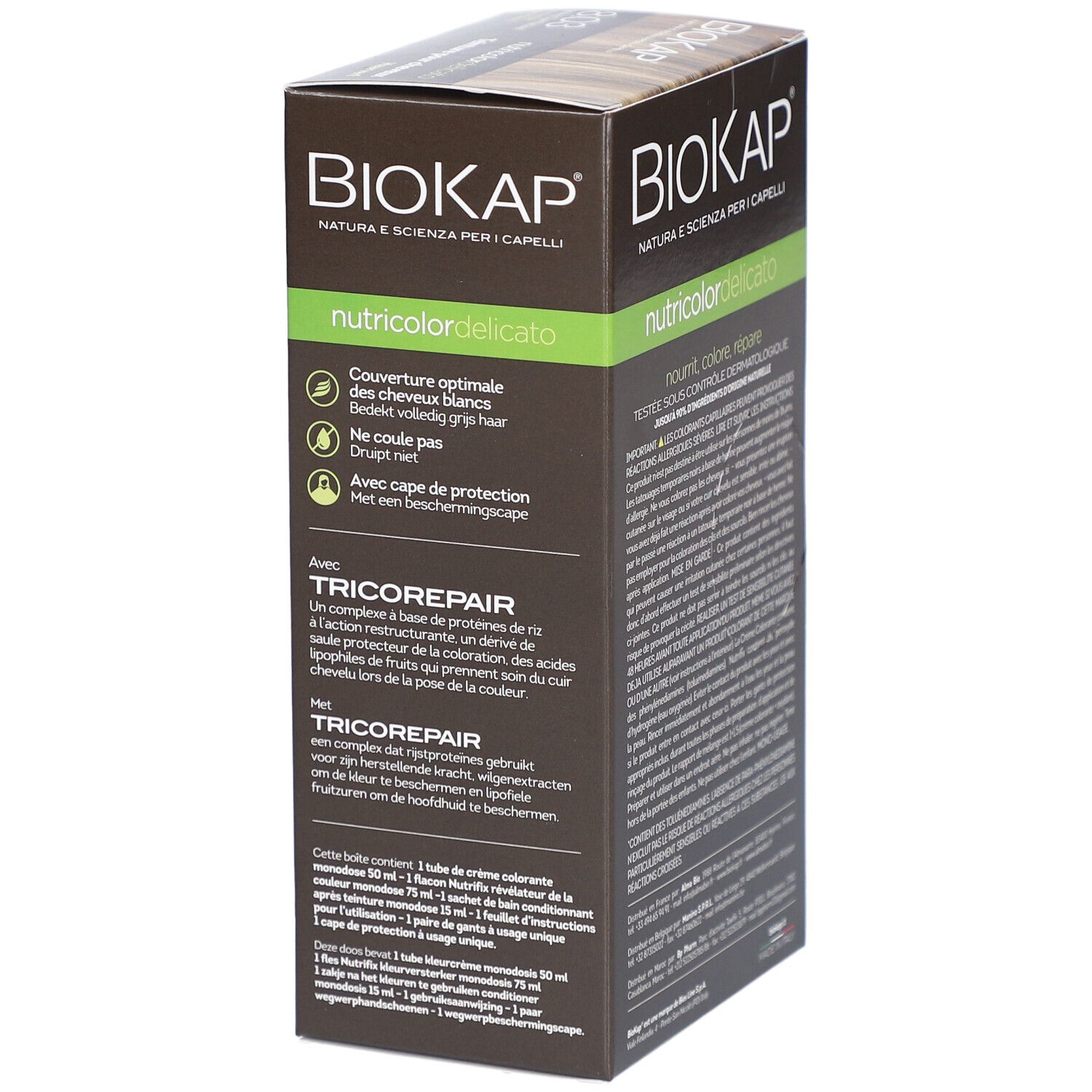 Produktverpackung BIOKAP Nutricolor Delicato 8.03 Blond Clair Naturel. Seitenansicht mit Text.