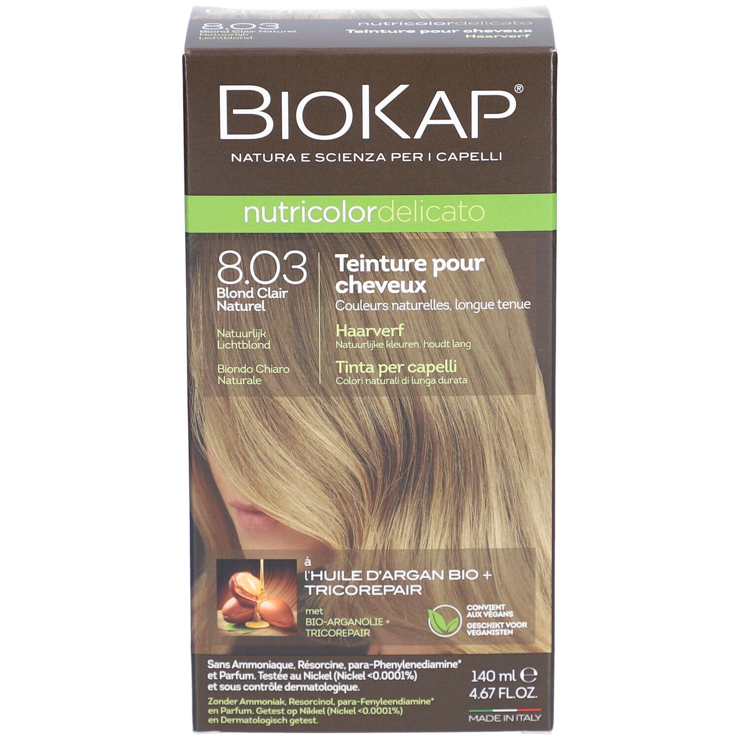Produktverpackung BIOKAP Nutricolor Delicato 8.03 Blond Clair Naturel. Seitenansicht mit Text.