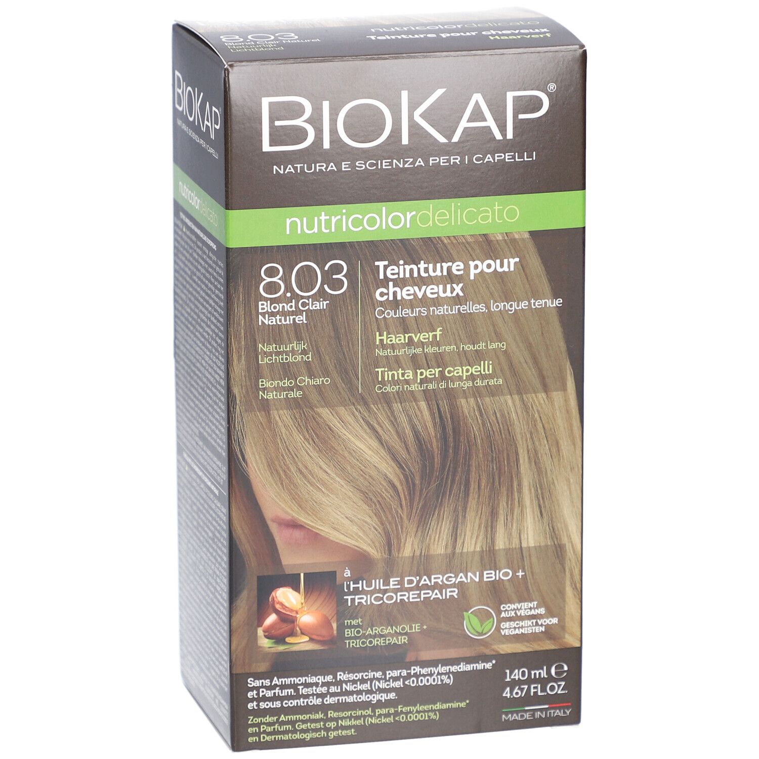 Produktverpackung BIOKAP Nutricolor Delicato 8.03 Blond Clair Naturel. Produktabbildung und Text.