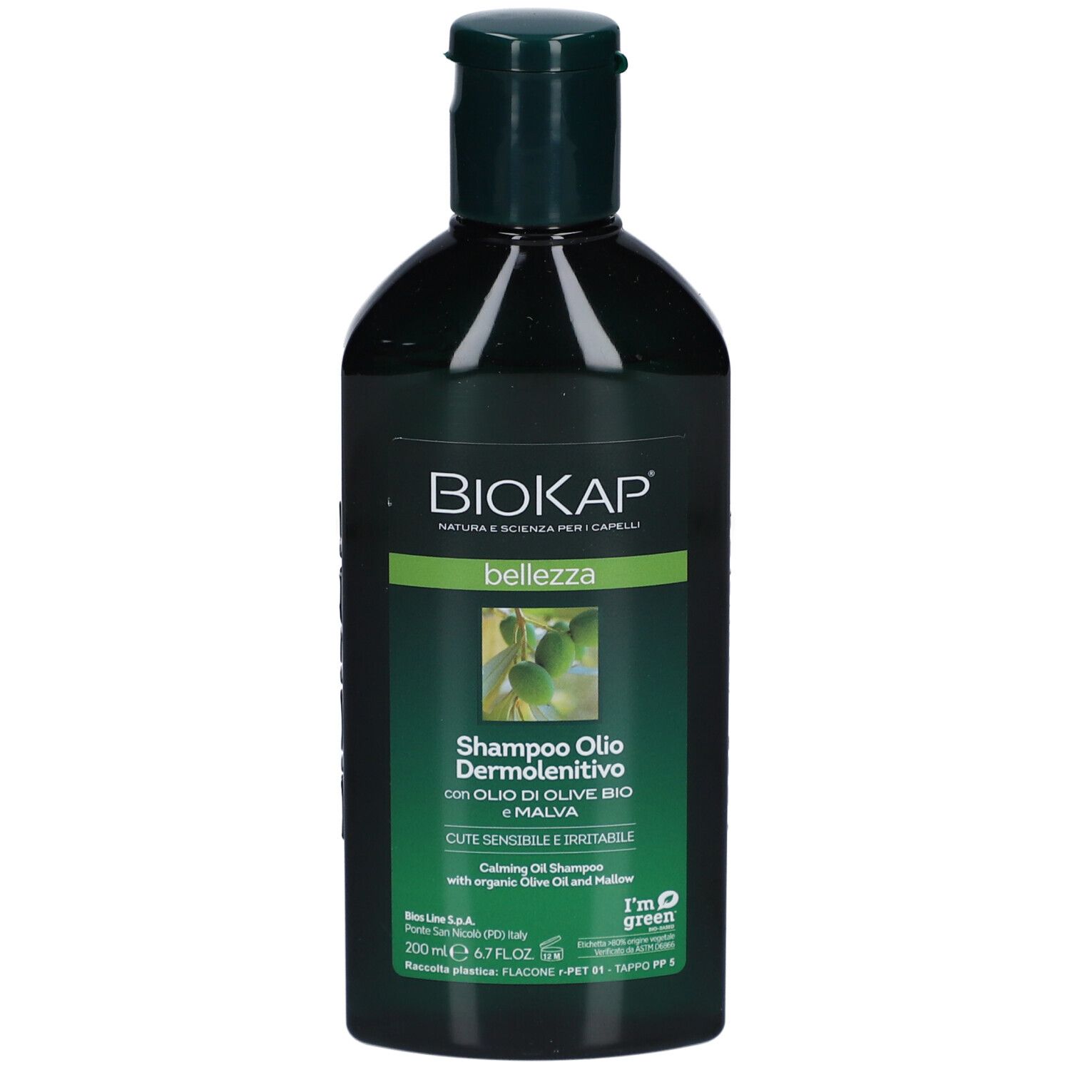 Dunkle Flasche mit grünem Deckel. Aufschrift: BIOKAP, Shampoo Olio Dermolenitivo.