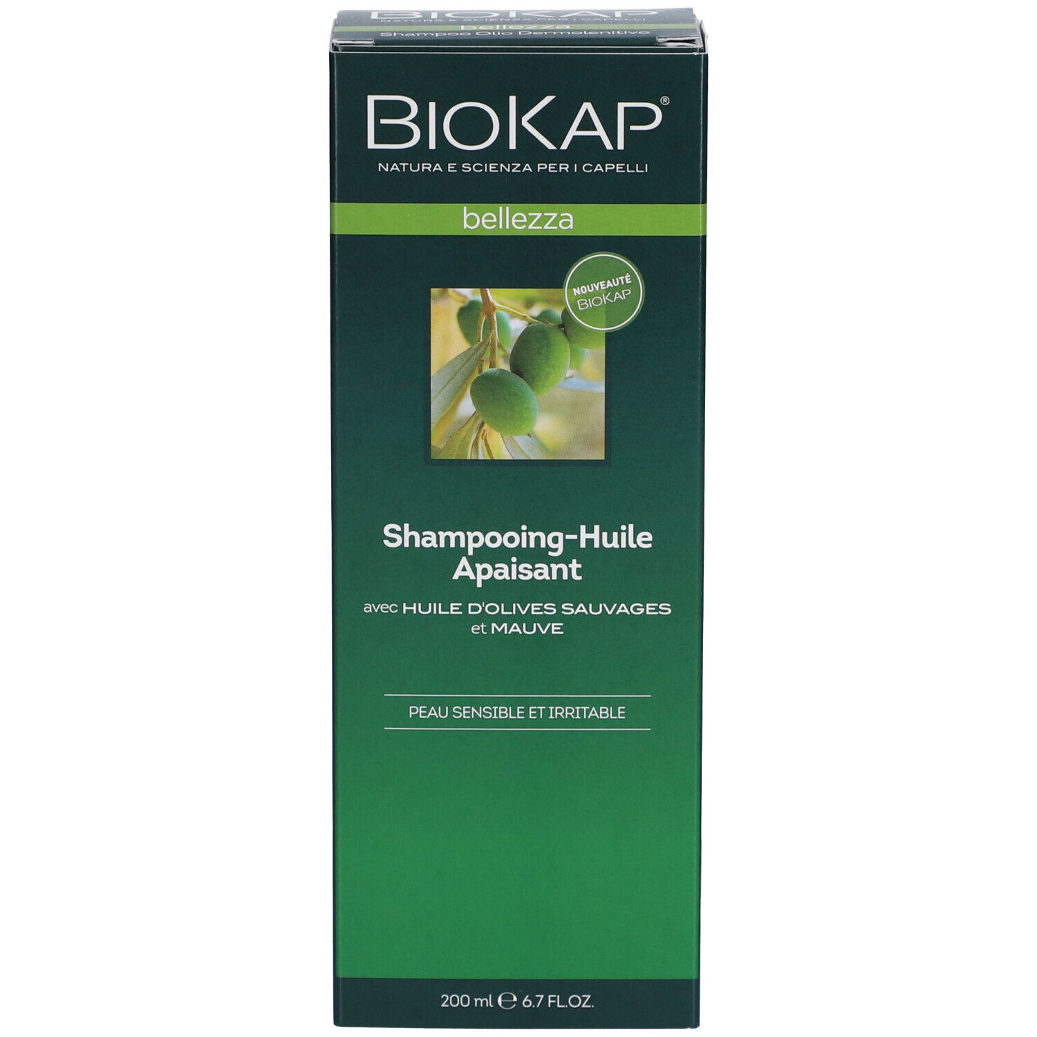 Verpackung mit Produktnamen: BIOKAP, Shampooing-Huile Apaisant. Grüne und weiße Schrift.