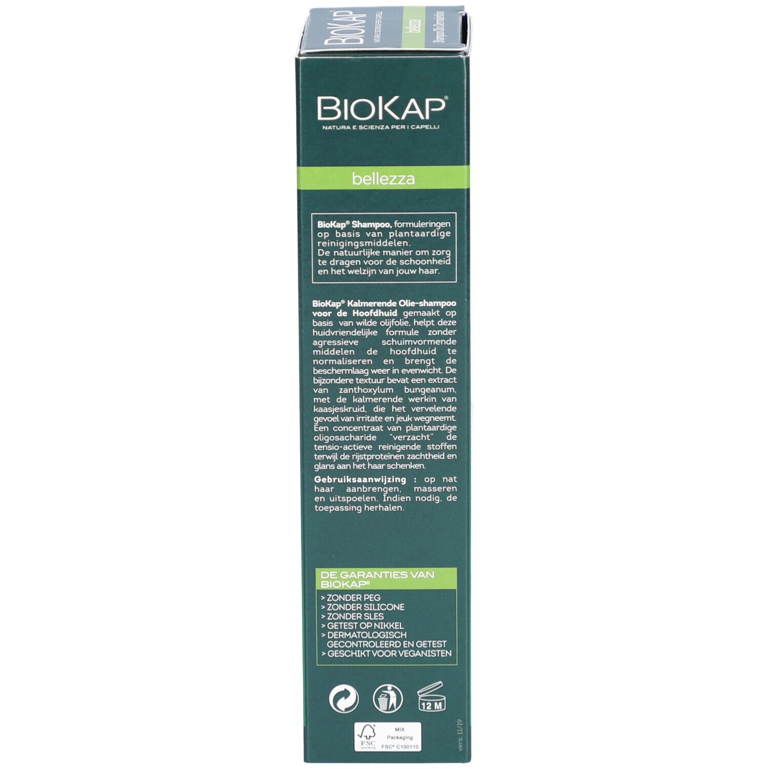 Verpackung mit Produktnamen: BIOKAP, Shampooing-Huile Apaisant. Grüne und weiße Schrift.