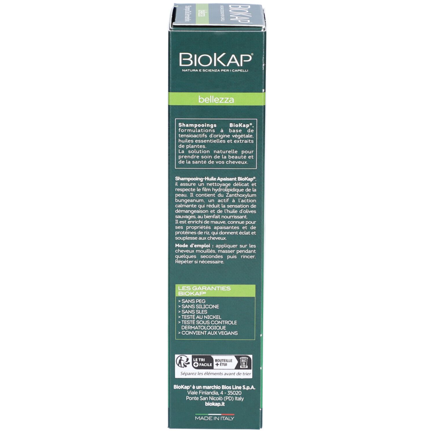 Seitenansicht der Verpackung. Text in mehreren Sprachen. BIOKAP-Garantien.