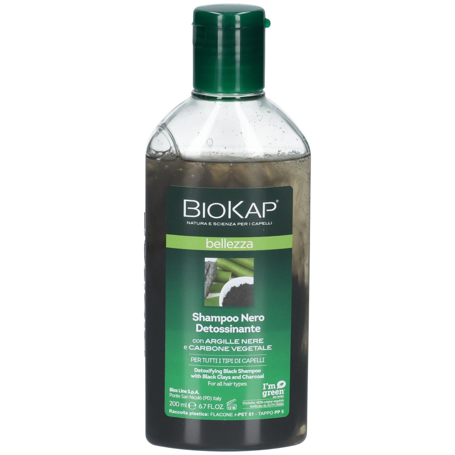 Flacon de shampooing BIOKAP Bellezza Noir Detox. Bouchon vert. Inscription : Shampoo Nero Dettossinante.
