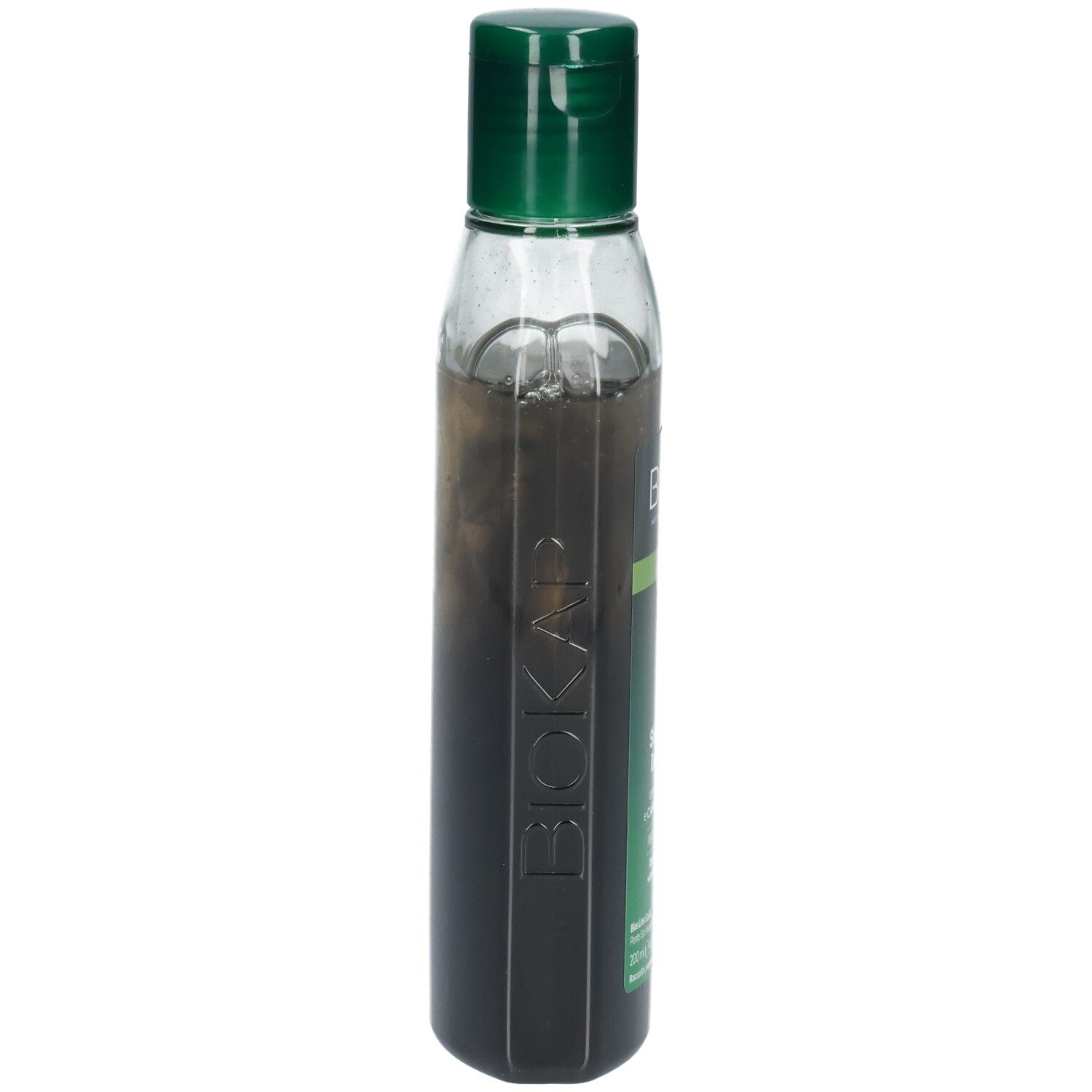 Vue latérale du flacon de shampooing BIOKAP Bellezza Noir Detox. Bouchon vert. Inscription : BIOKAP.