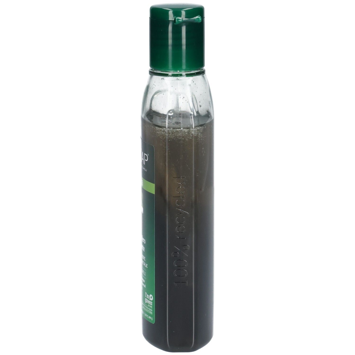 Vue latérale du flacon de shampooing BIOKAP Bellezza Noir Detox. Bouchon vert. Inscription : BIOKAP.