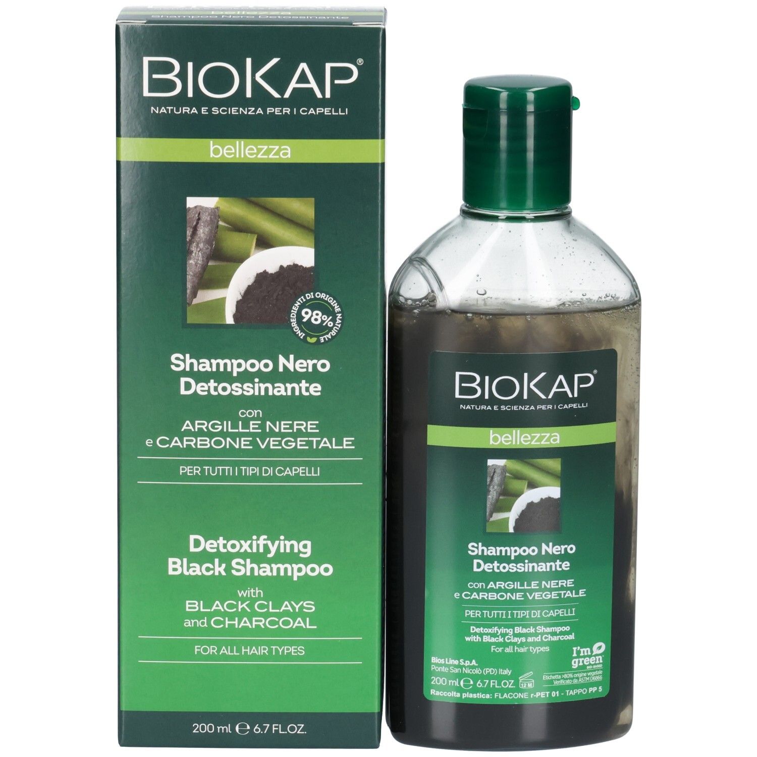 BIOKAP Bellezza Shampoo Noir Detox avec emballage. Bouchon vert. Inscription : Shampoo Nero Dettossinante.