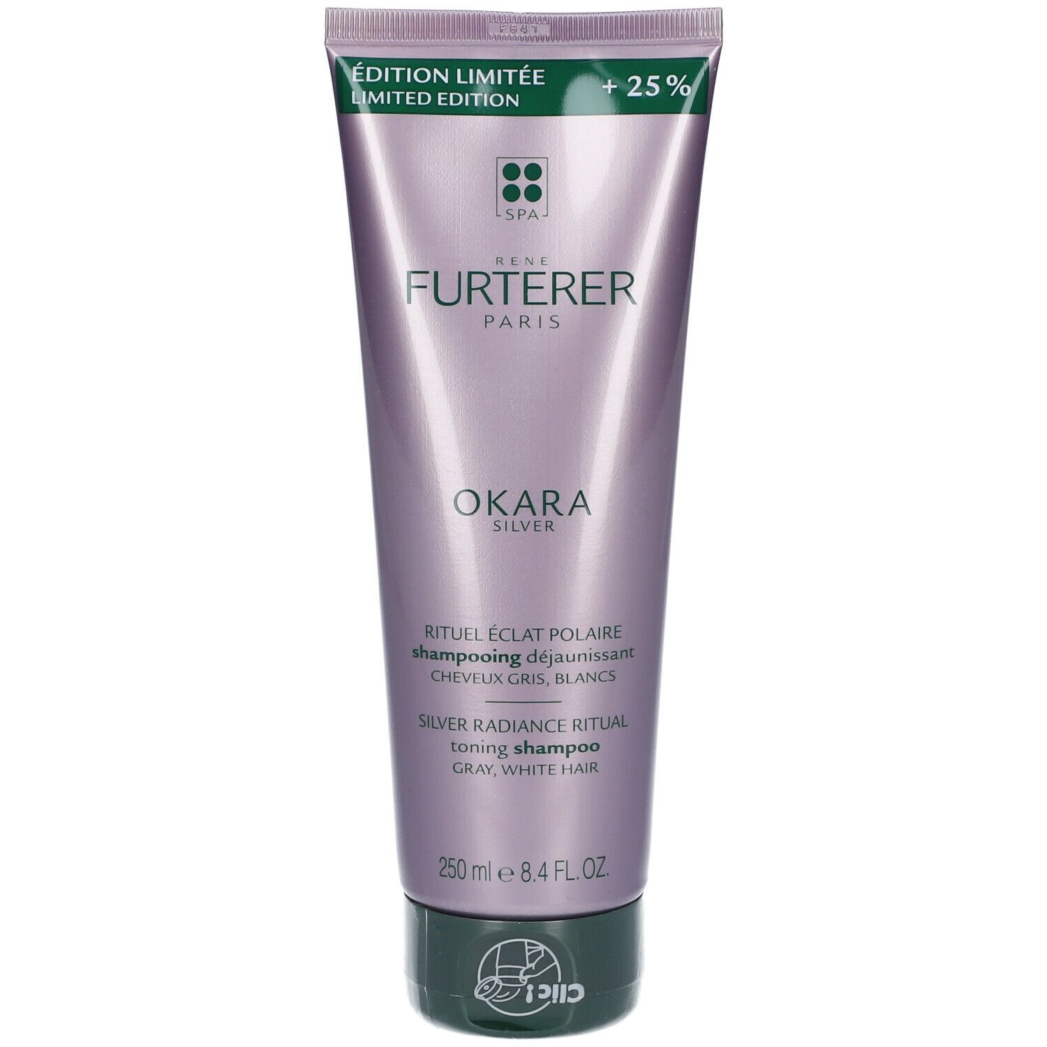 Tube violet avec bouchon vert. Texte: "Rene Furterer Okara Silver". "250 ml 8.4 fl oz".
