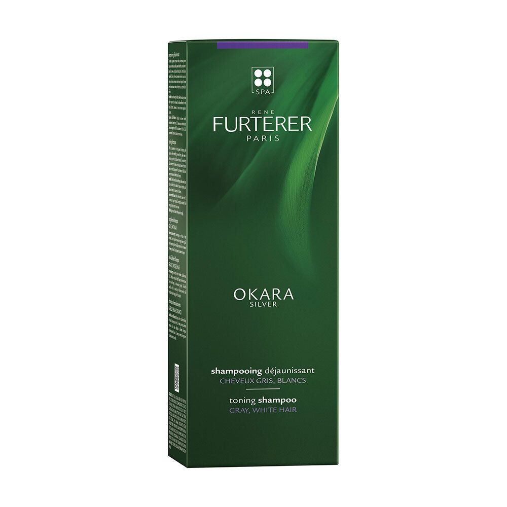 Boîte verte. René Furterer Okara Silver Shampoo. Texte: Okara Silver, Shampooing déjaunissant, Cheveux gris, blancs, Toning Shampoo, Gray, white hair.
