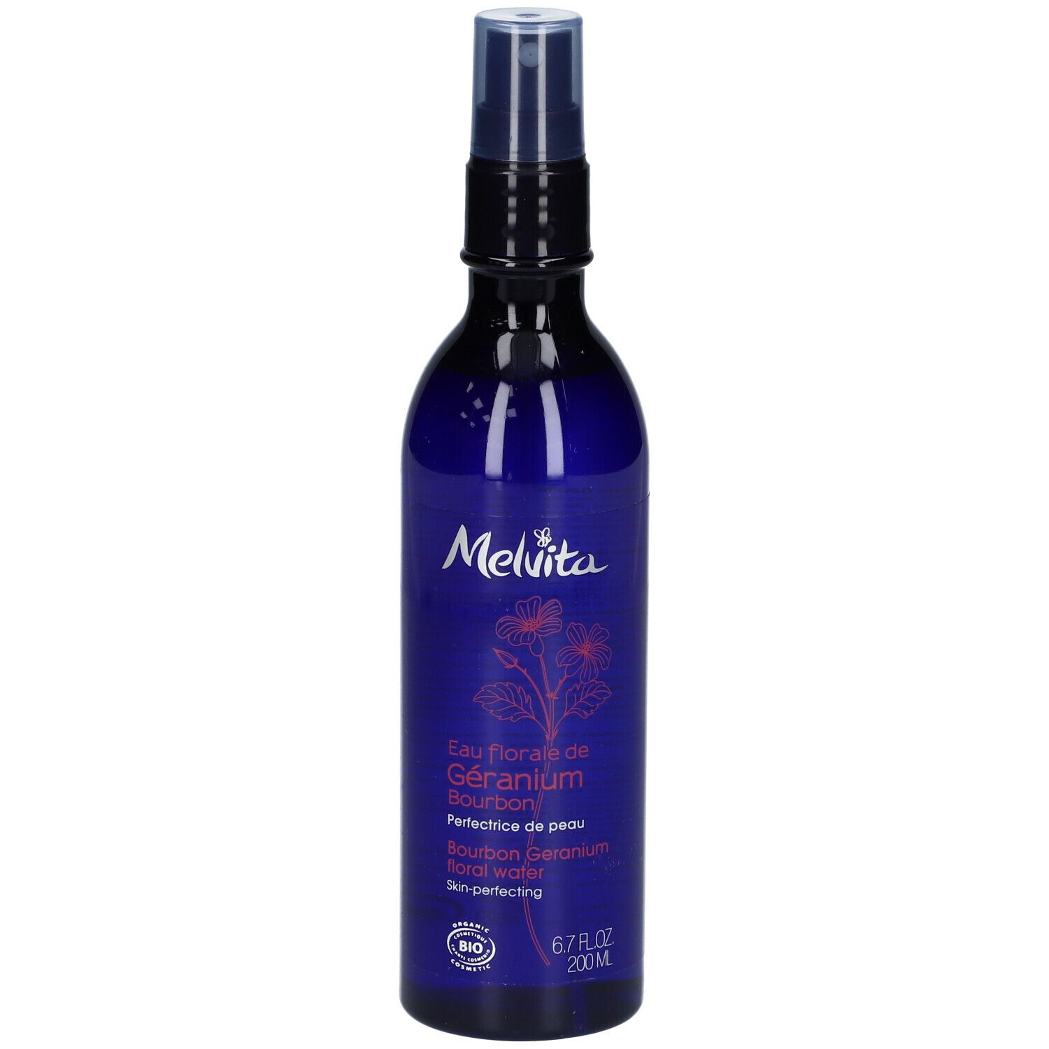 Flacon bleu avec vaporisateur. Inscription Melvita, Eau florale de Géranium Bourbon, certification Bio.