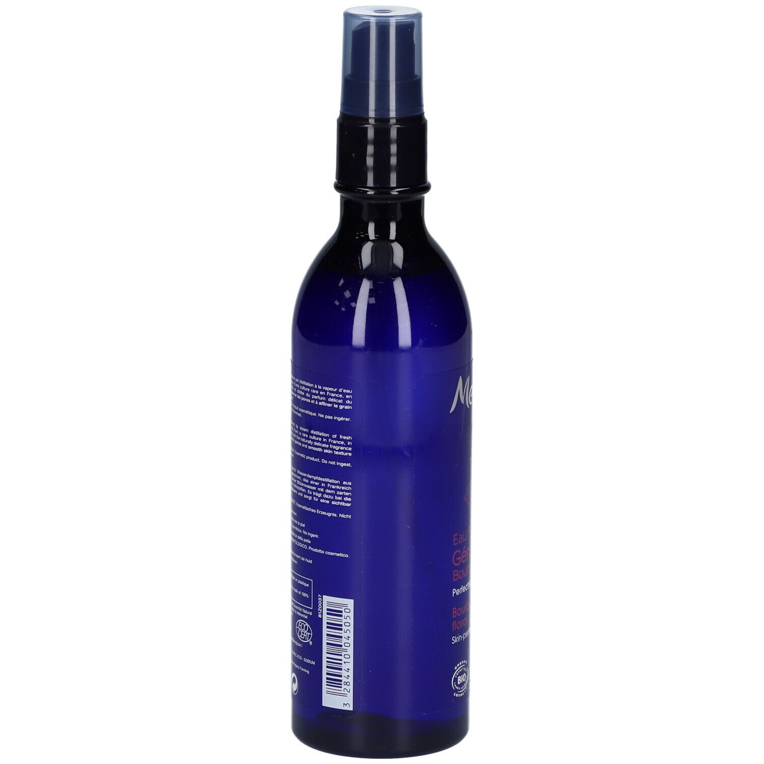 Flacon bleu avec texte. Inscription Melvita, Eau florale de Géranium Bourbon, certification Bio. Texte multilingue.