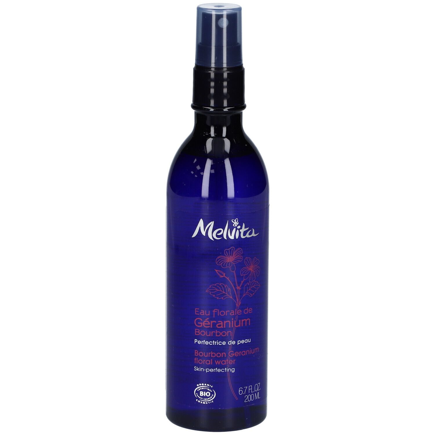 Flacon bleu avec vaporisateur. Inscription Melvita, Eau florale de Géranium Bourbon, certification Bio.