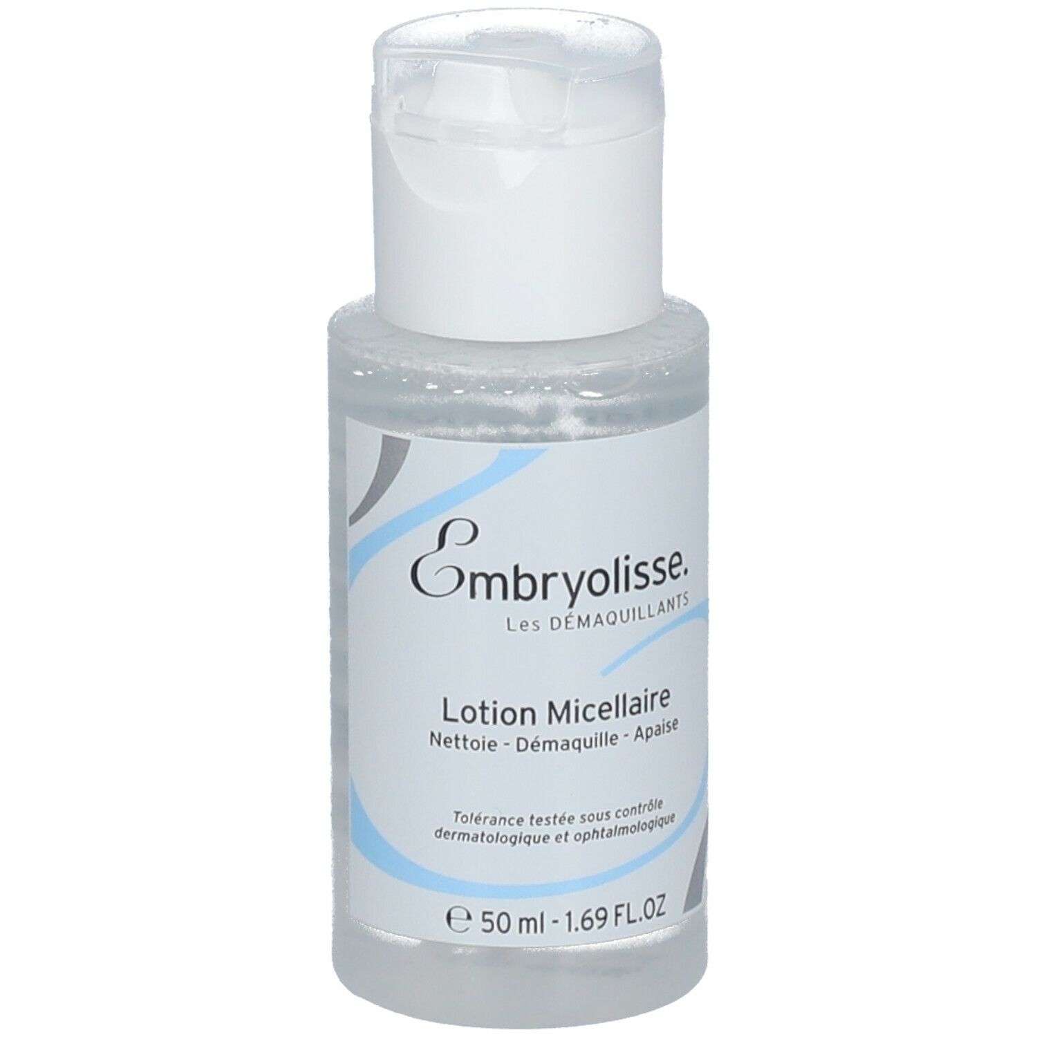 Flacon transparent avec bouchon blanc. Inscription: Embryolisse, Lotion Micellaire. Éléments de design bleus et gris. Volume: 50 ml.