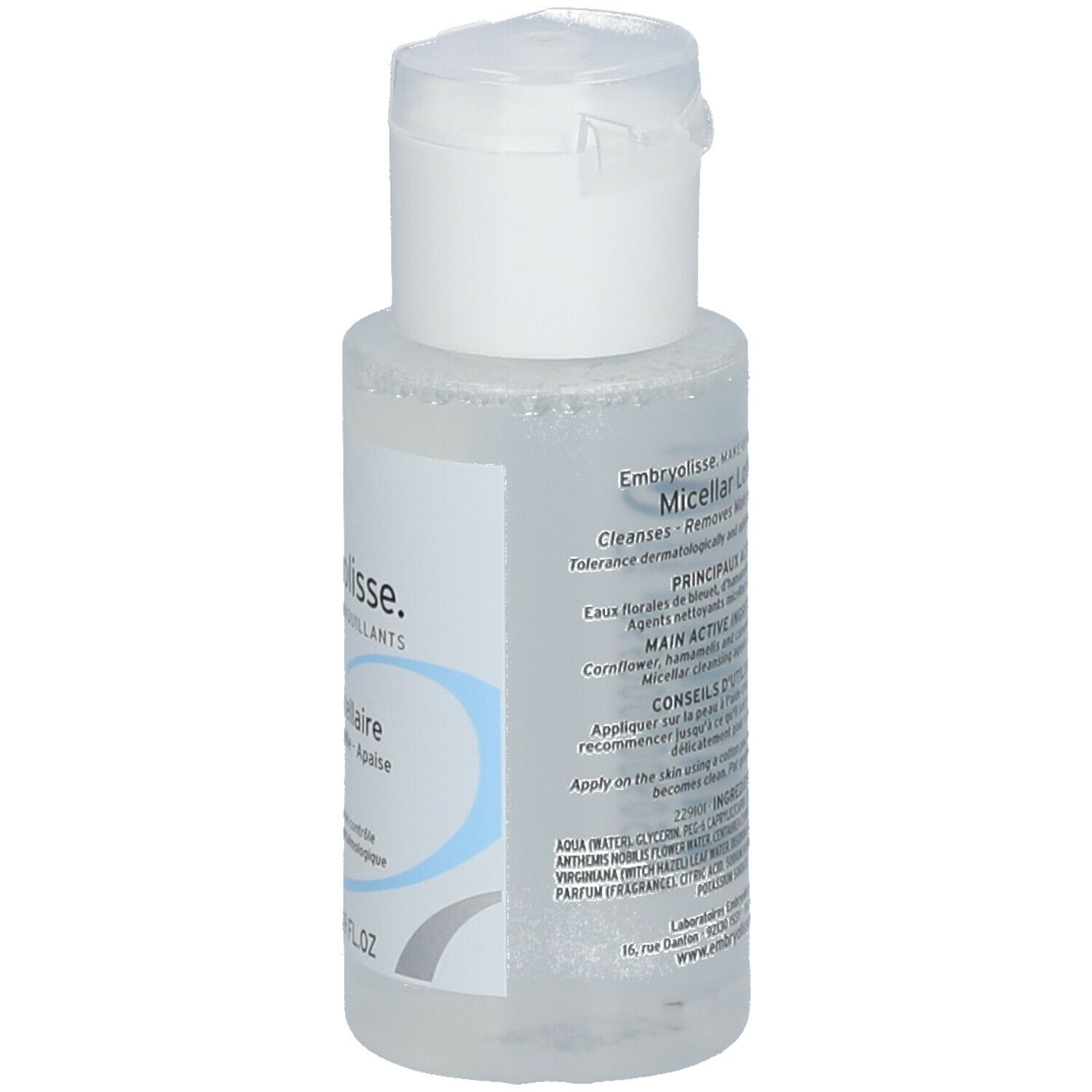 Flacon transparent avec bouchon blanc. Inscription: Embryolisse, Lotion Micellaire. Éléments de design bleus et gris. Volume: 50 ml. Ingrédients.