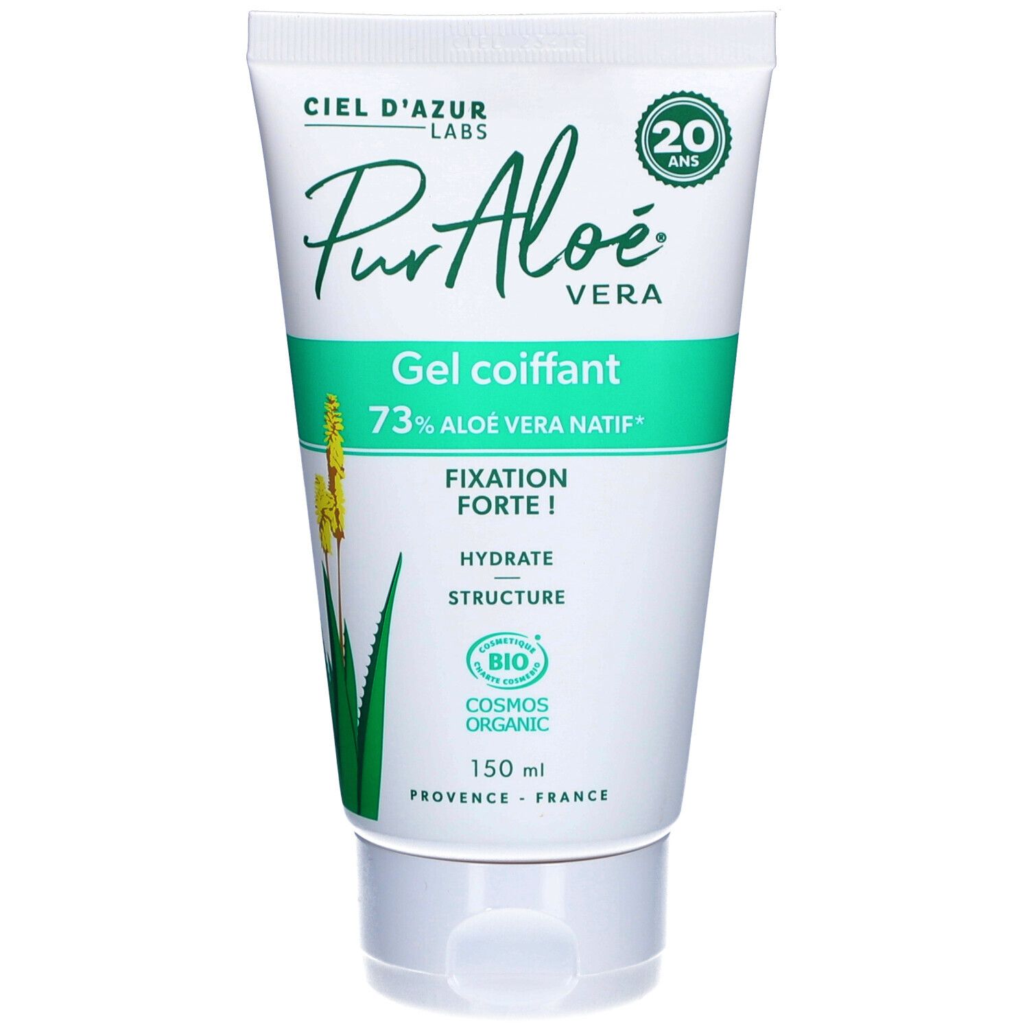 Tube blanc et vert "PurAloé Gel coiffant". Inscription "73% Aloe Vera natif". Certification Bio. Bouchon blanc.