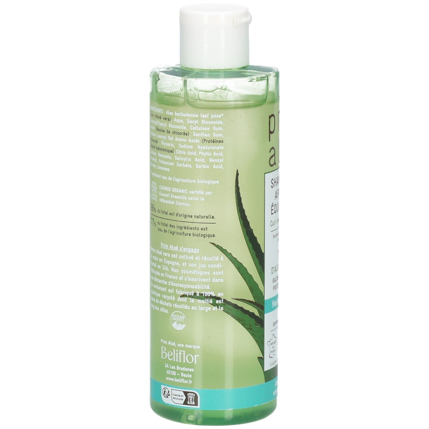 Rückseite Prim Aloe Shampoo: Inhaltsstoffe, Bio-Siegel, dermatologisch getestet, 98% natürliche Herkunft.