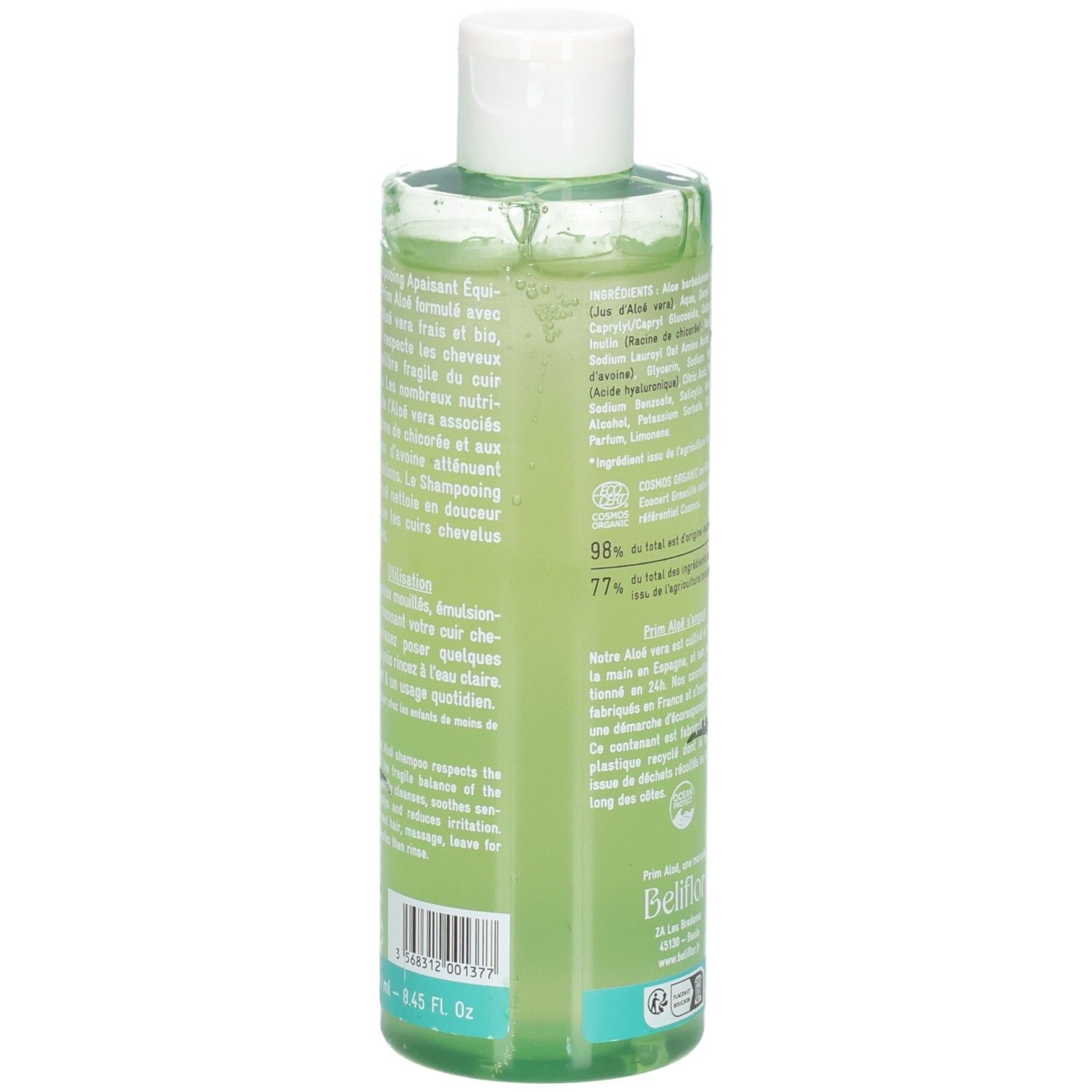 Prim Aloe Shampoo Flasche, Rückseite: Inhaltsstoffe, Bio-Zertifizierung, dermatologisch getestet.