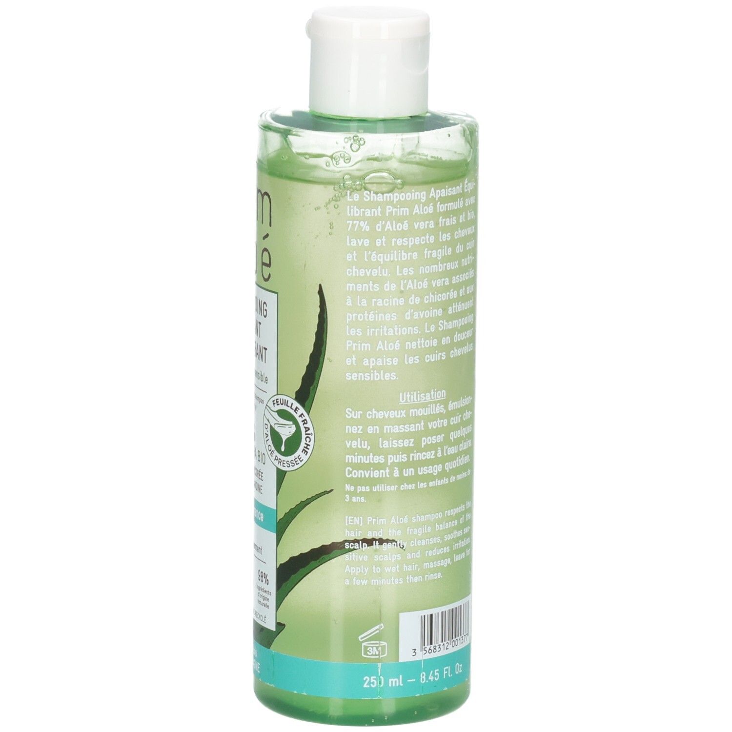 Prim Aloe Shampoo Rückseite: Anwendungshinweise, Inhaltsstoffe, Bio-Siegel, 253ml.