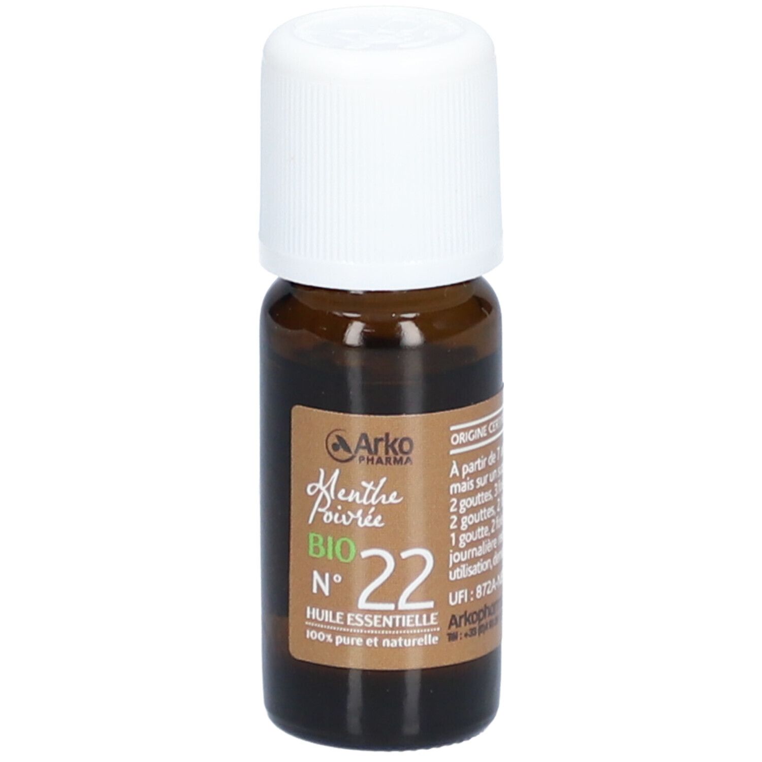 Braune Glasflasche mit weißem Deckel. Etikett mit Produktinformationen. Arkopharma Huile Essentielle N°22 Menthe Poivrée Bio.