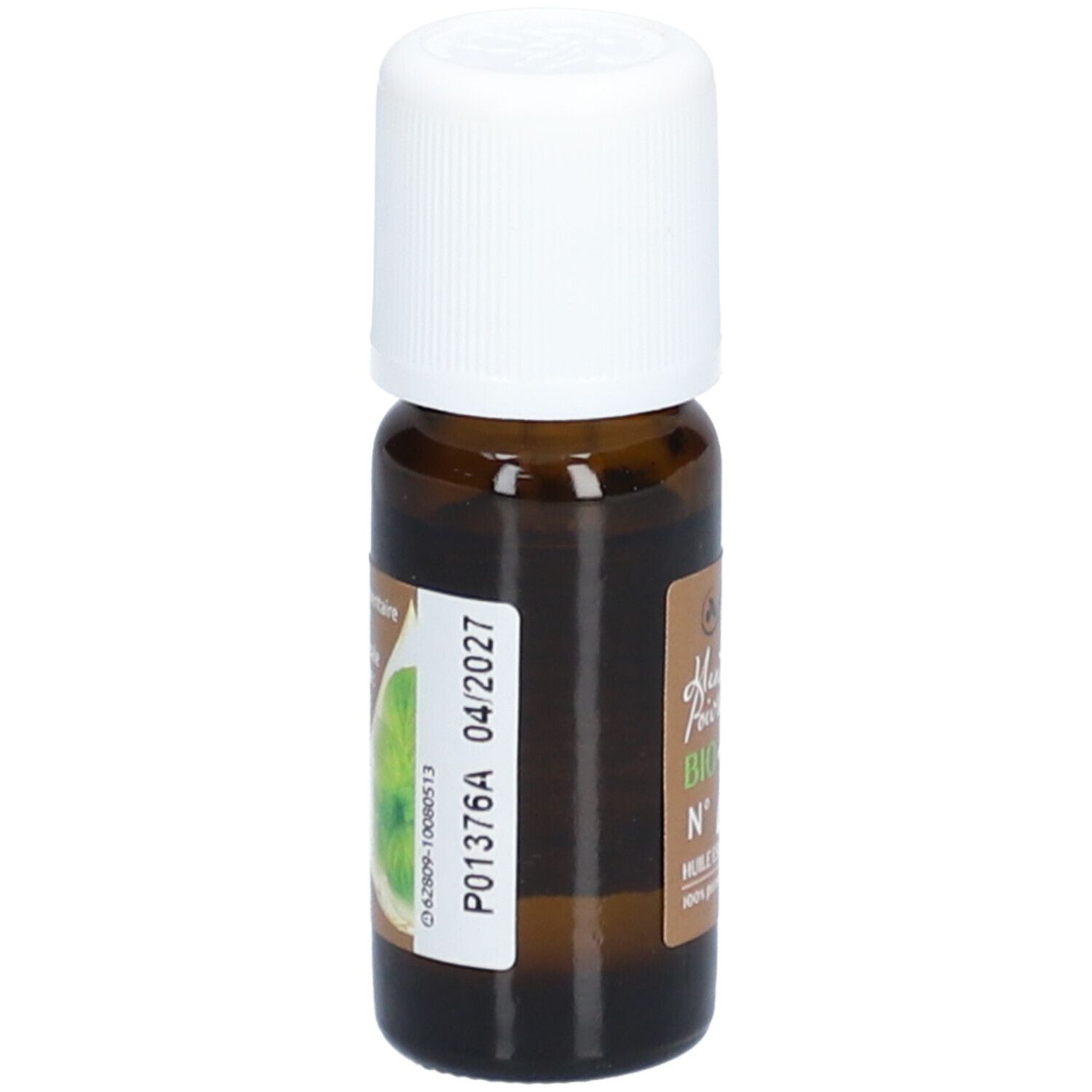 Braune Glasflasche mit weißem Deckel. Etikett mit Verfallsdatum. Arkopharma Huile Essentielle N°22 Menthe Poivrée Bio.