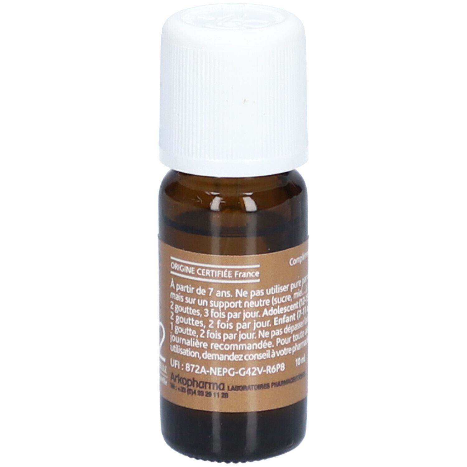 Braune Glasflasche mit weißem Deckel. Etikett mit Produktinformationen. Arkopharma Huile Essentielle N°22 Menthe Poivrée Bio.