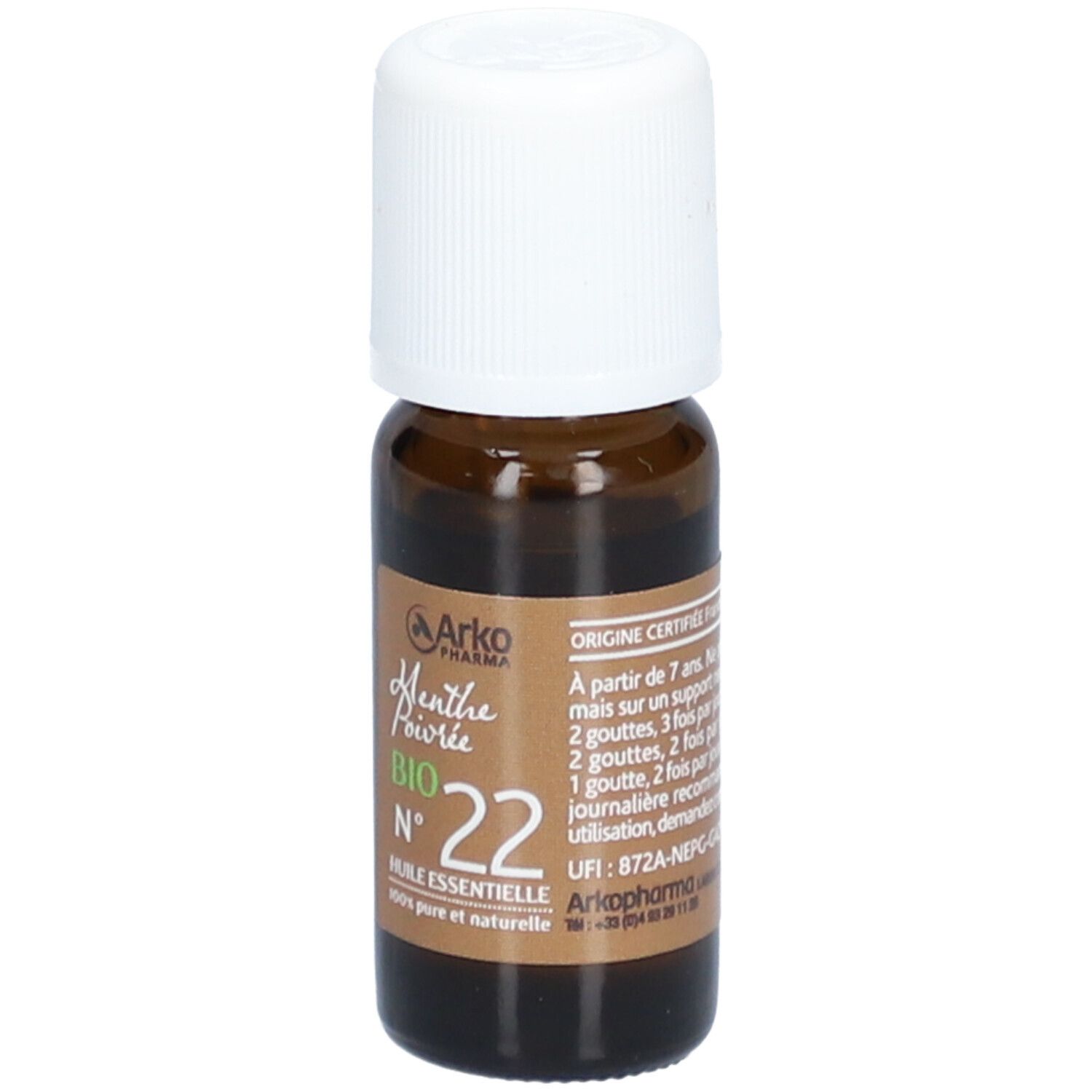 Braune Glasflasche mit weißem Deckel. Etikett mit Produktinformationen. Arkopharma Huile Essentielle N°22 Menthe Poivrée Bio.
